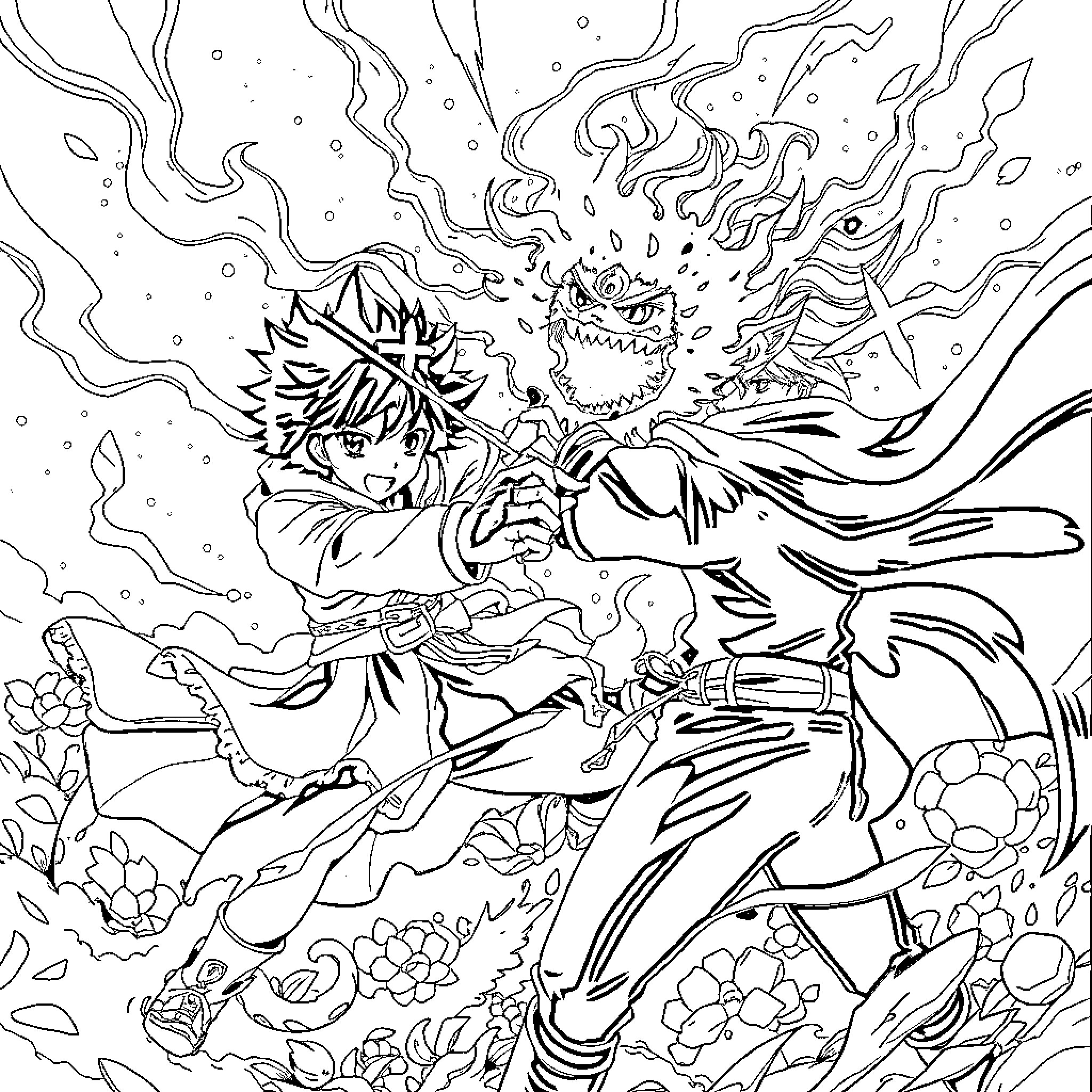 Black Clover: Fierce Battle in Magical Realm Coloring Page (free black-and-white line drawing printable PDF for all, from beginners to advanced learners, including children, teens, adults, and seniors)
