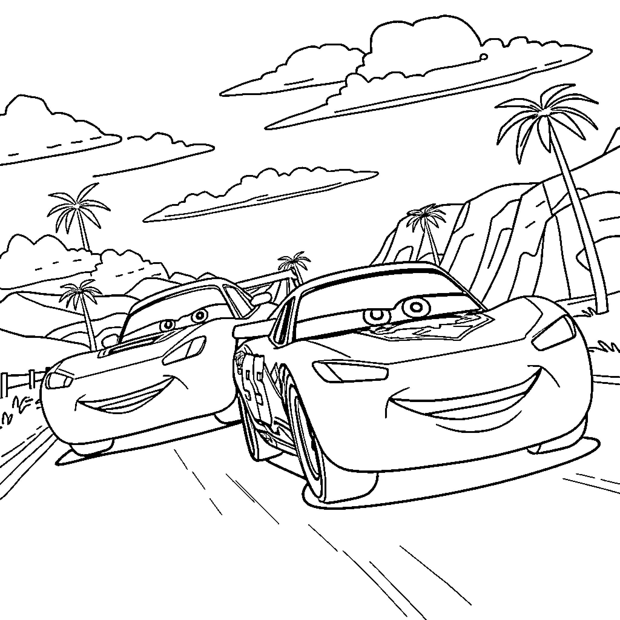 Cars racing on tropical beach road Coloring Page (free black-and-white line drawing printable PDF for all, from beginners to advanced learners, including children, teens, adults, and seniors)