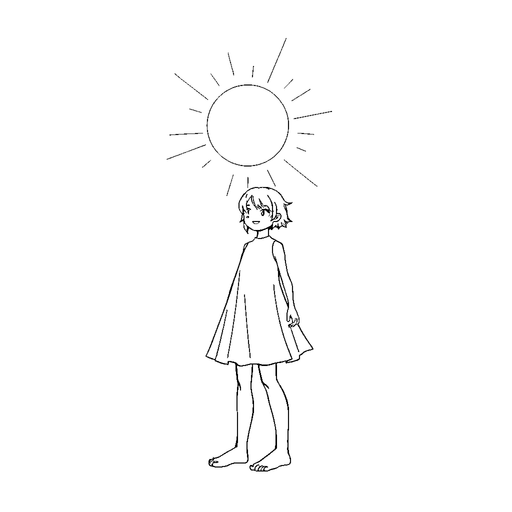 Girl stands beneath a shining sun Coloring Page (free black-and-white line drawing printable PDF for all, from beginners to advanced learners, including children, teens, adults, and seniors)