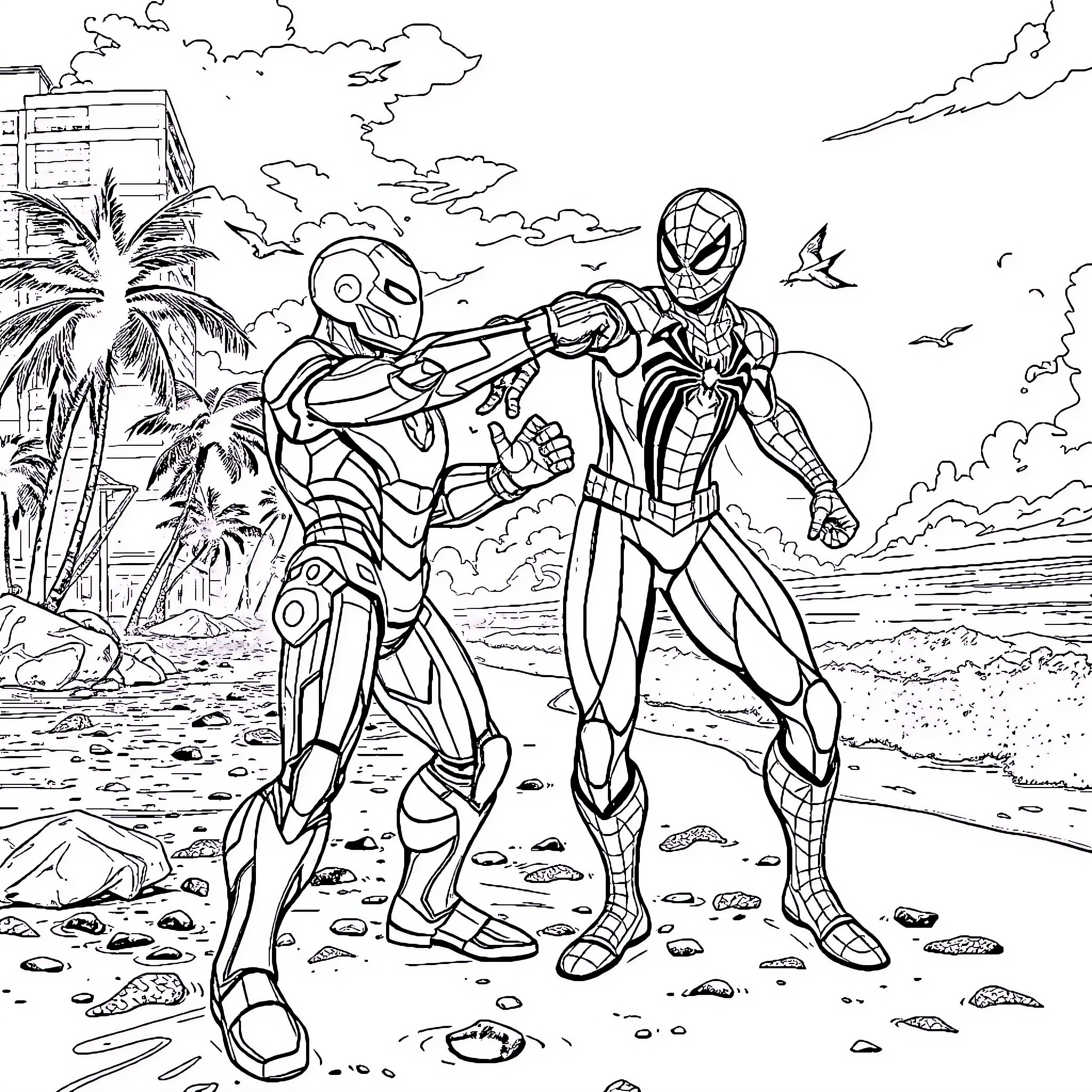 Ironman and Spiderman team up for an adventure Coloring Page (free black-and-white line drawing printable PDF for all, from beginners to advanced learners, including children, teens, adults, and seniors)