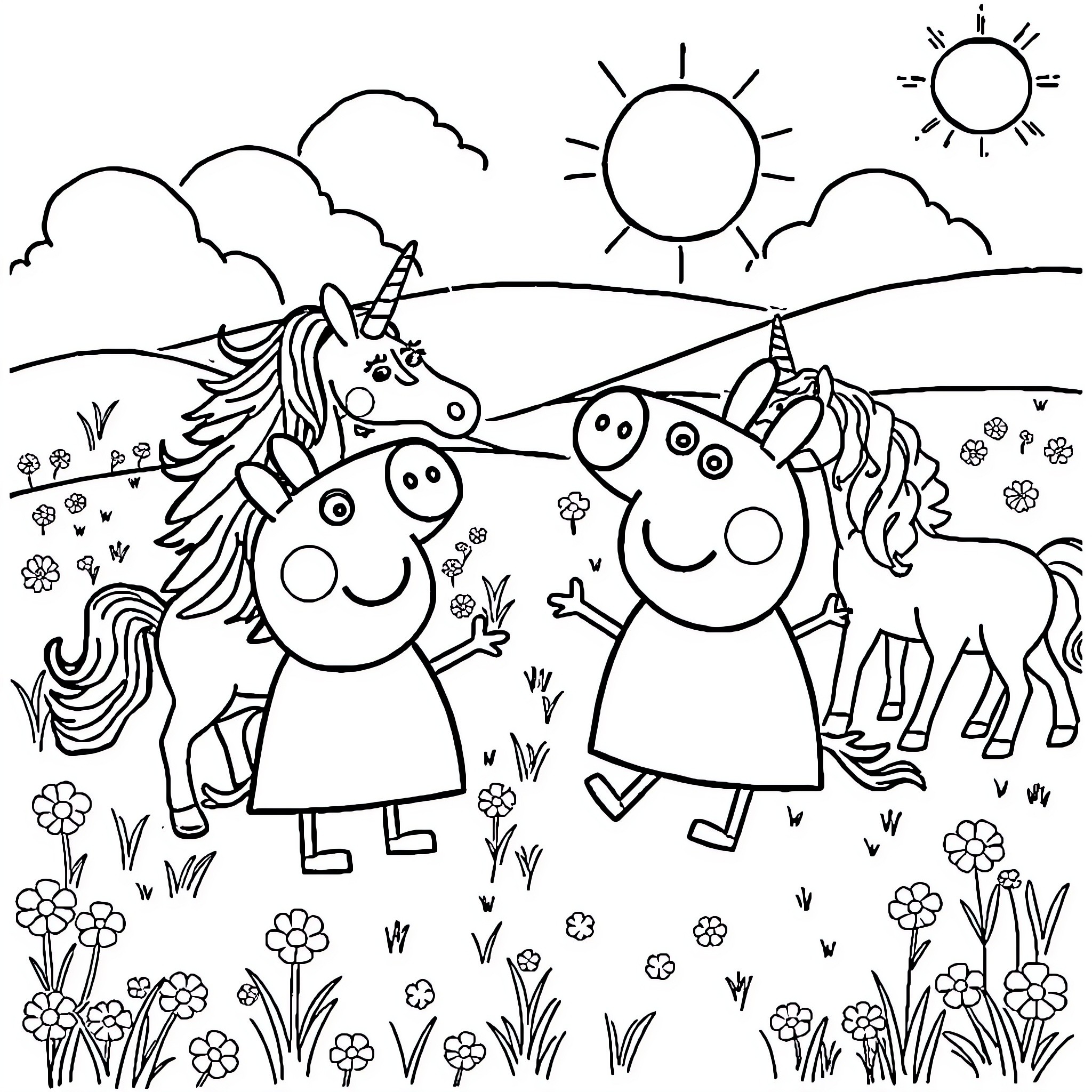 Peppa Pig and Friends Explore the Meadow Coloring Page (free black-and-white line drawing printable PDF for all, from beginners to advanced learners, including children, teens, adults, and seniors)