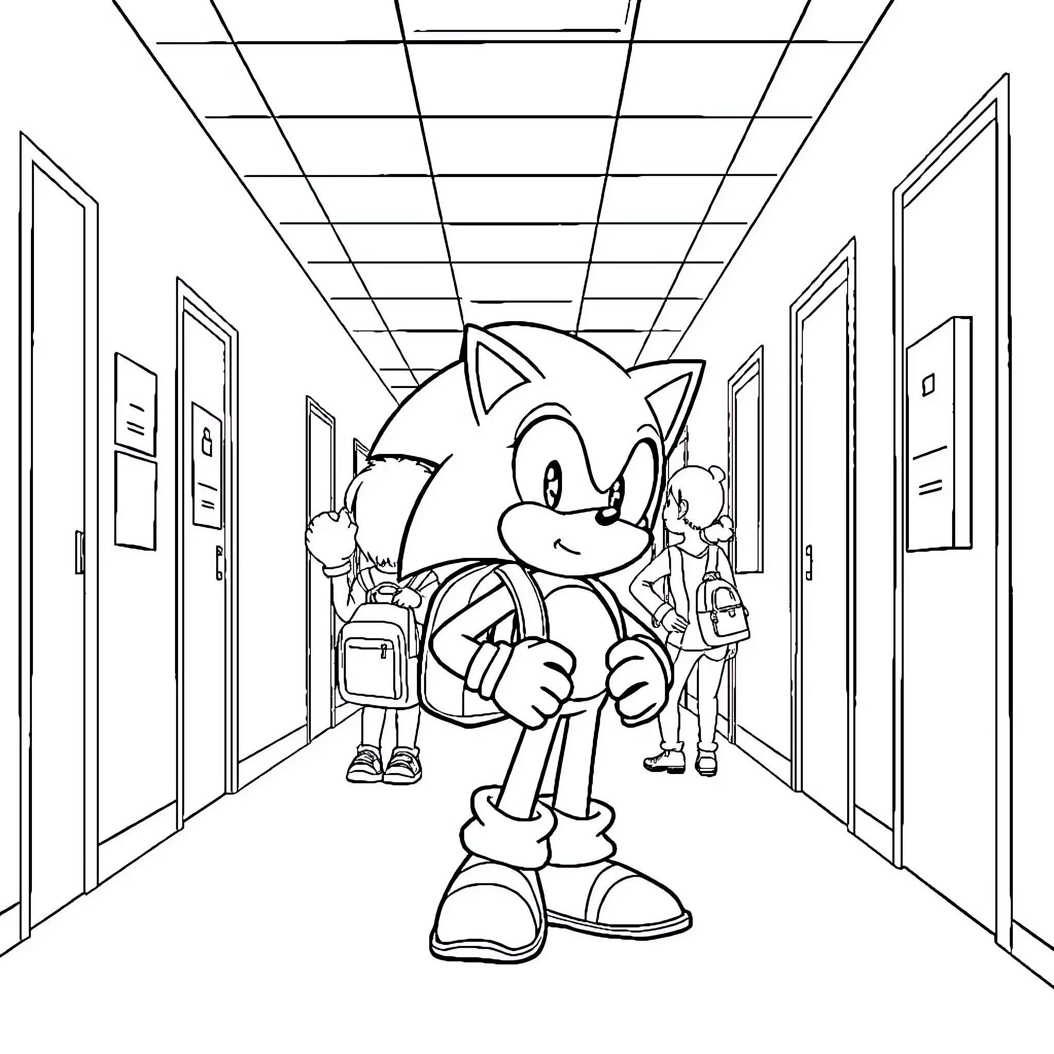 Sonic exploring a school hallway Coloring Page (free black-and-white line drawing printable PDF for all, from beginners to advanced learners, including children, teens, adults, and seniors)