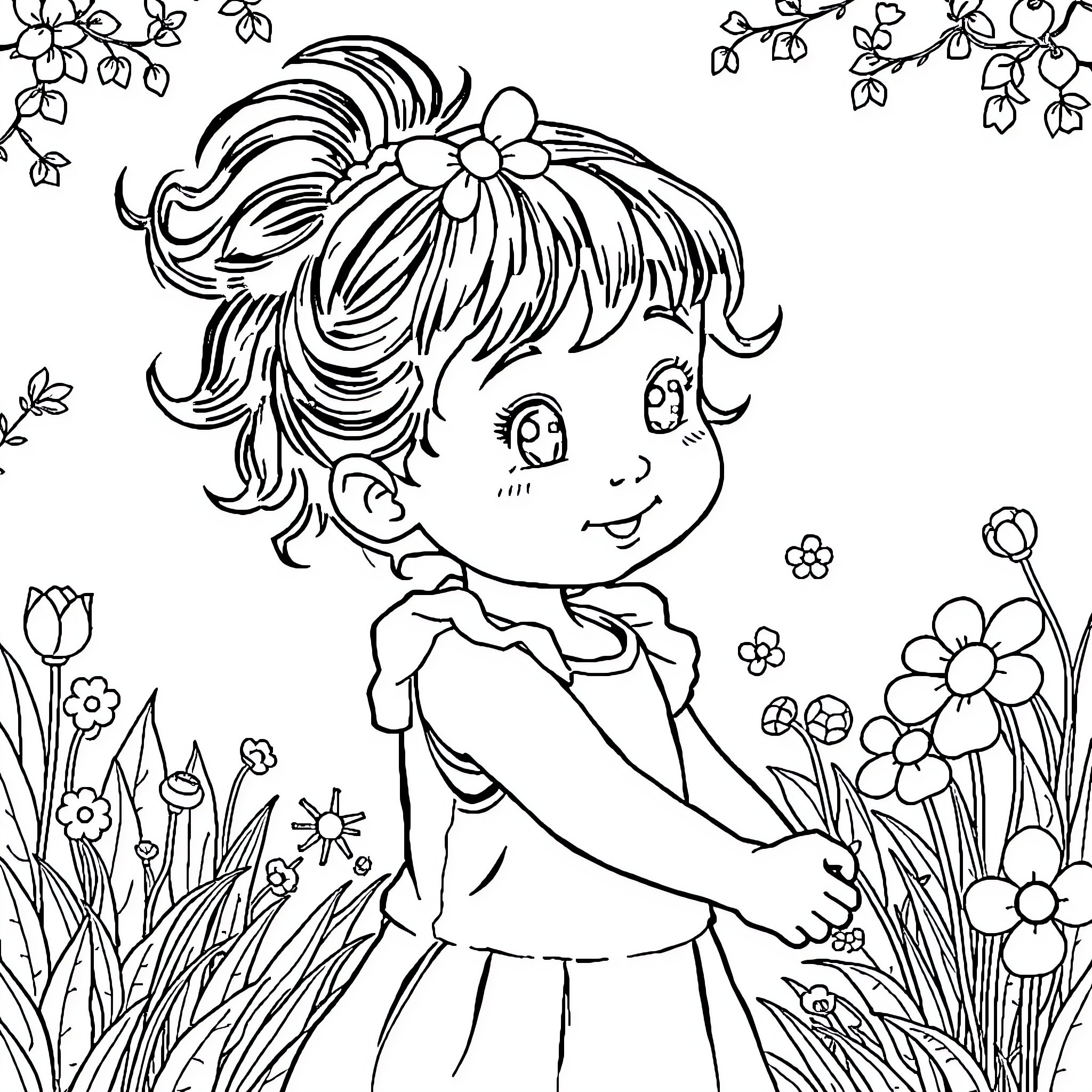 Girl enjoying nature and flowers Coloring Page (free black-and-white line drawing printable PDF for all, from beginners to advanced learners, including children, teens, adults, and seniors)