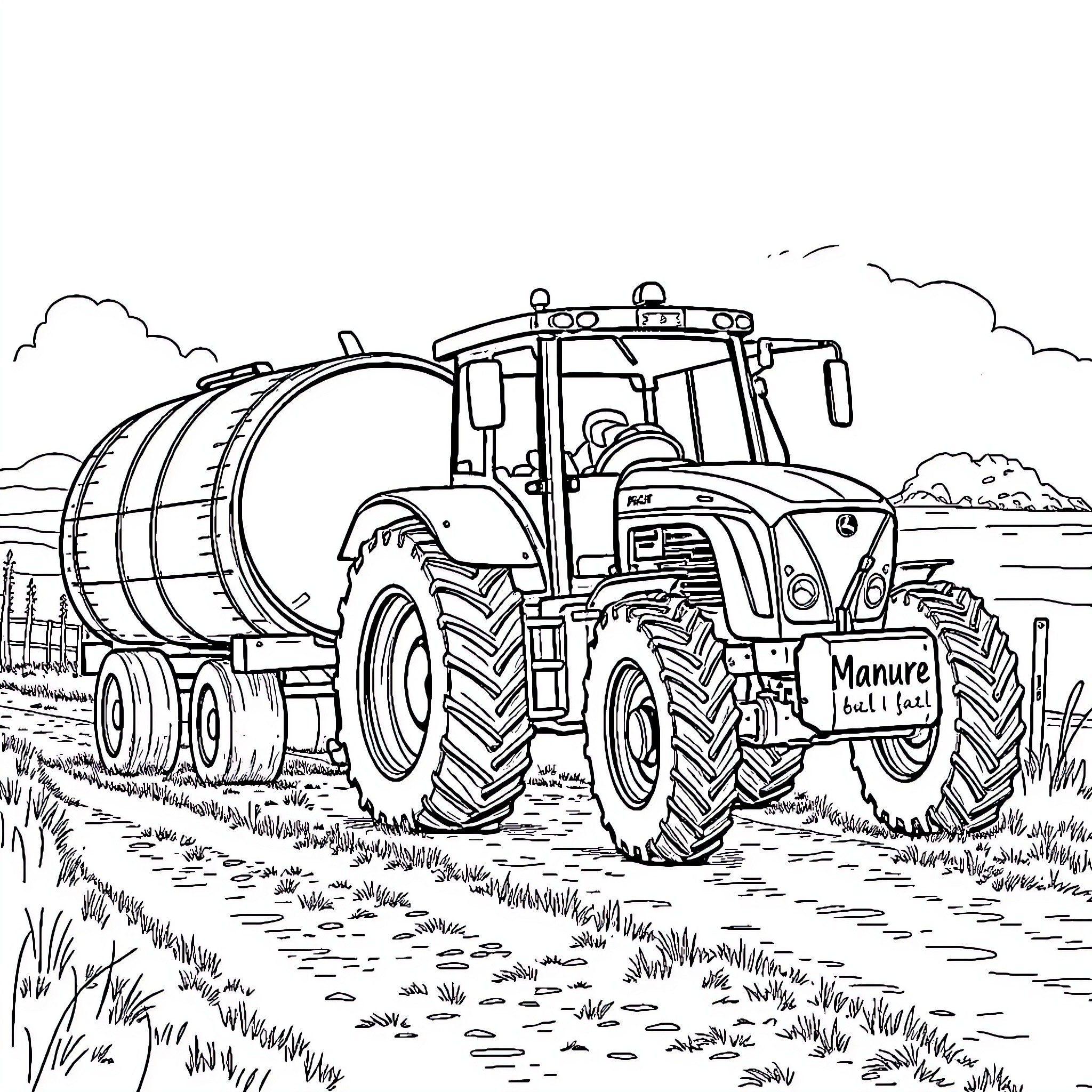 Tractor transporting agricultural supplies in the countryside Coloring Page (free black-and-white line drawing printable PDF for all, from beginners to advanced learners, including children, teens, adults, and seniors)