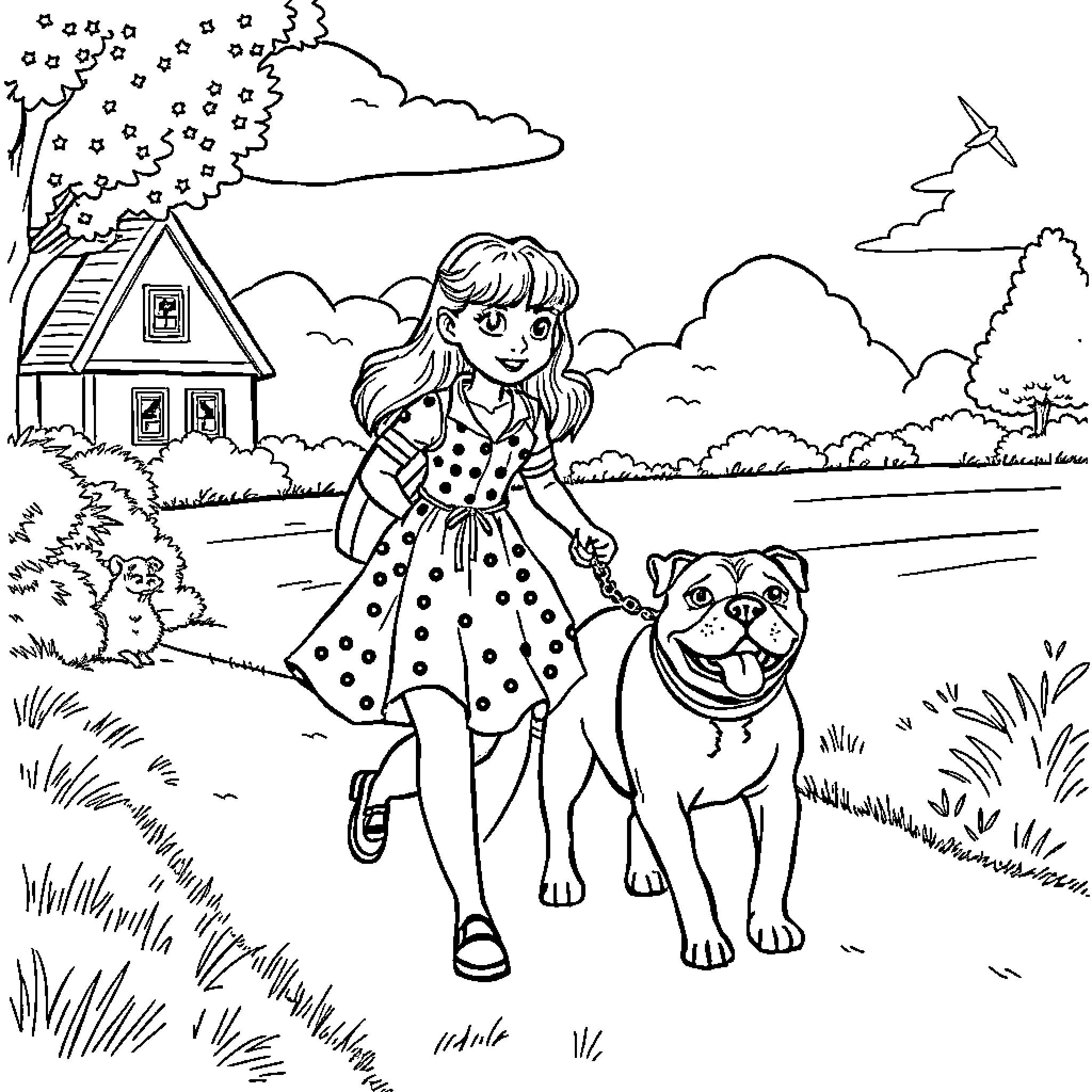 Dorothy Gale walking her dog in a pastoral scene Coloring Page (free black-and-white line drawing printable PDF for all, from beginners to advanced learners, including children, teens, adults, and seniors)