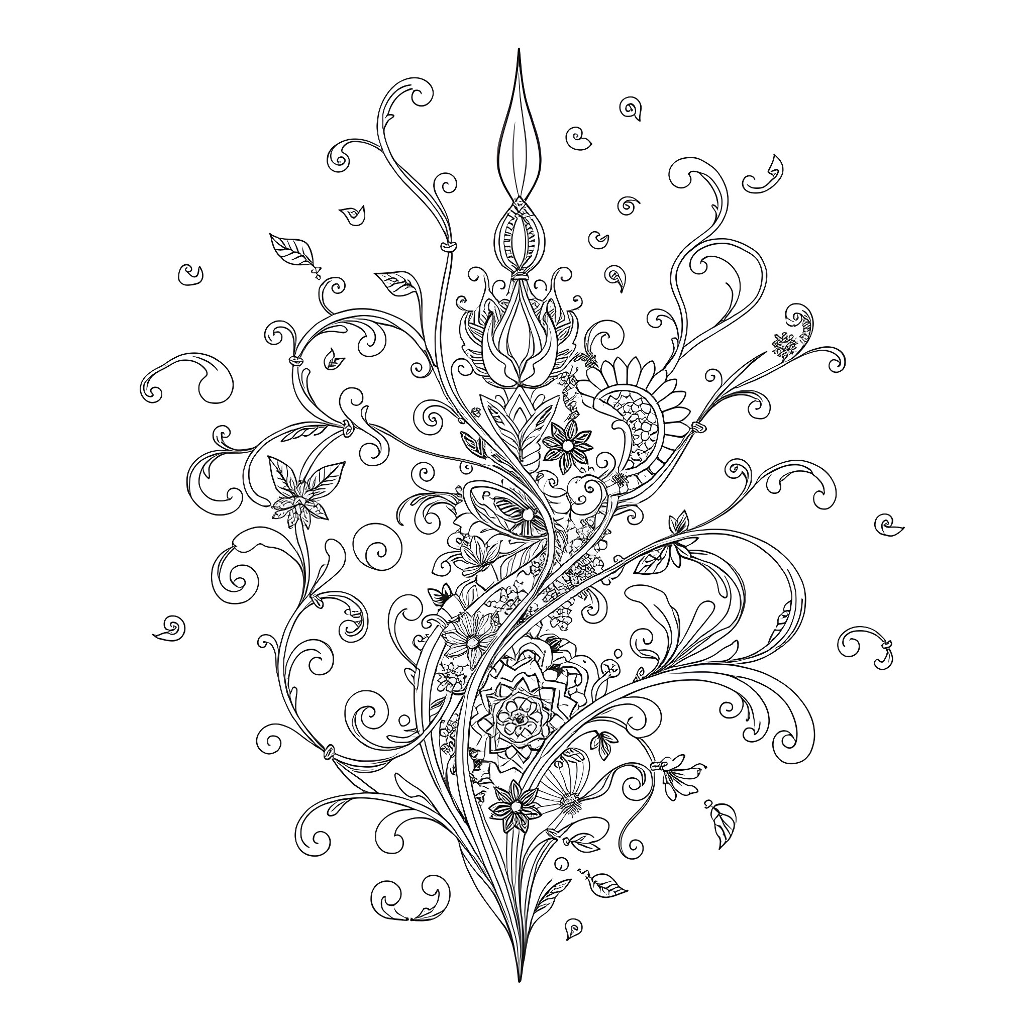 Air-Spring Floral Bouquet with Intricate Designs Coloring Page (free black-and-white line drawing printable PDF for all, from beginners to advanced learners, including children, teens, adults, and seniors)