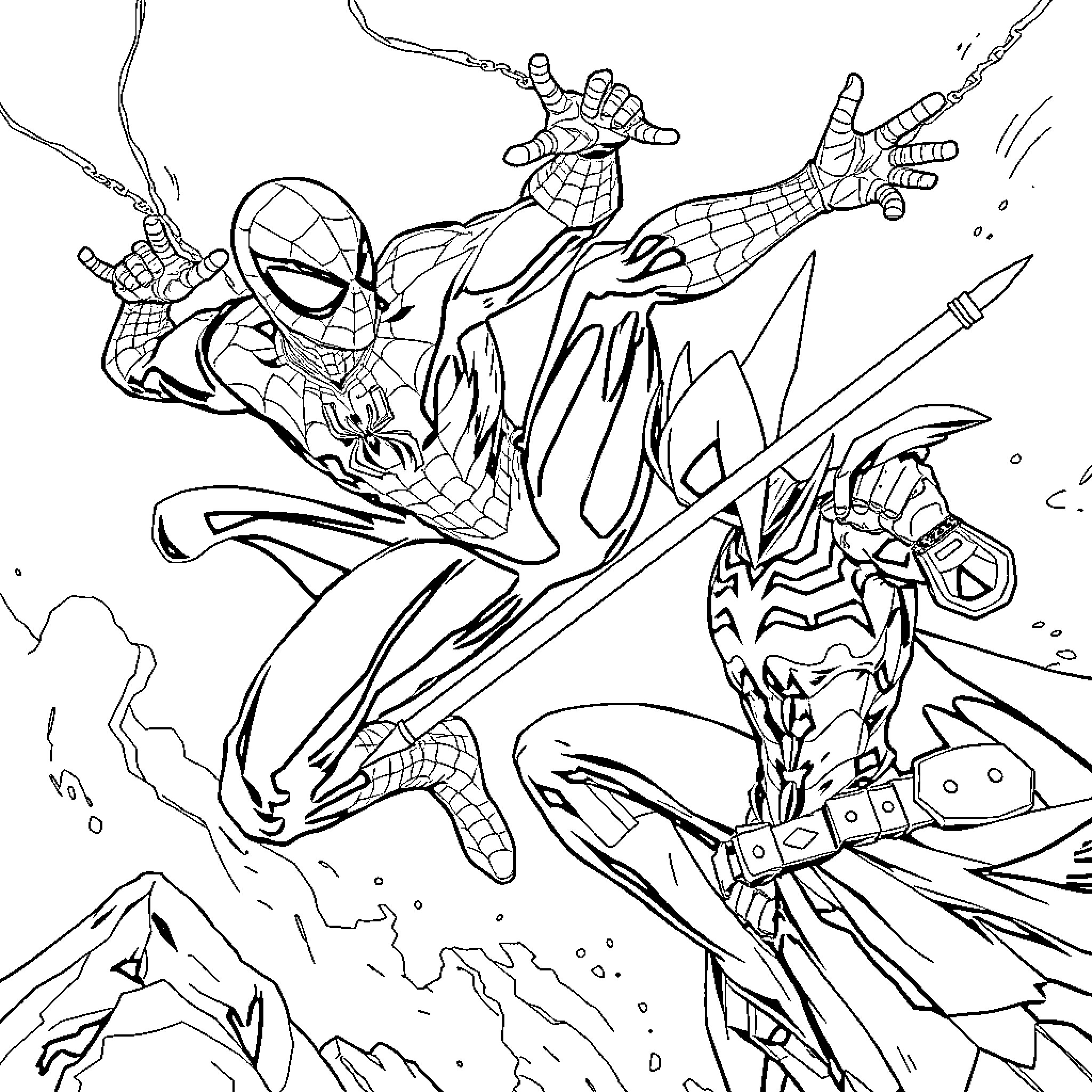 Spiderman battling against a powerful villain Coloring Page (free black-and-white line drawing printable PDF for all, from beginners to advanced learners, including children, teens, adults, and seniors)