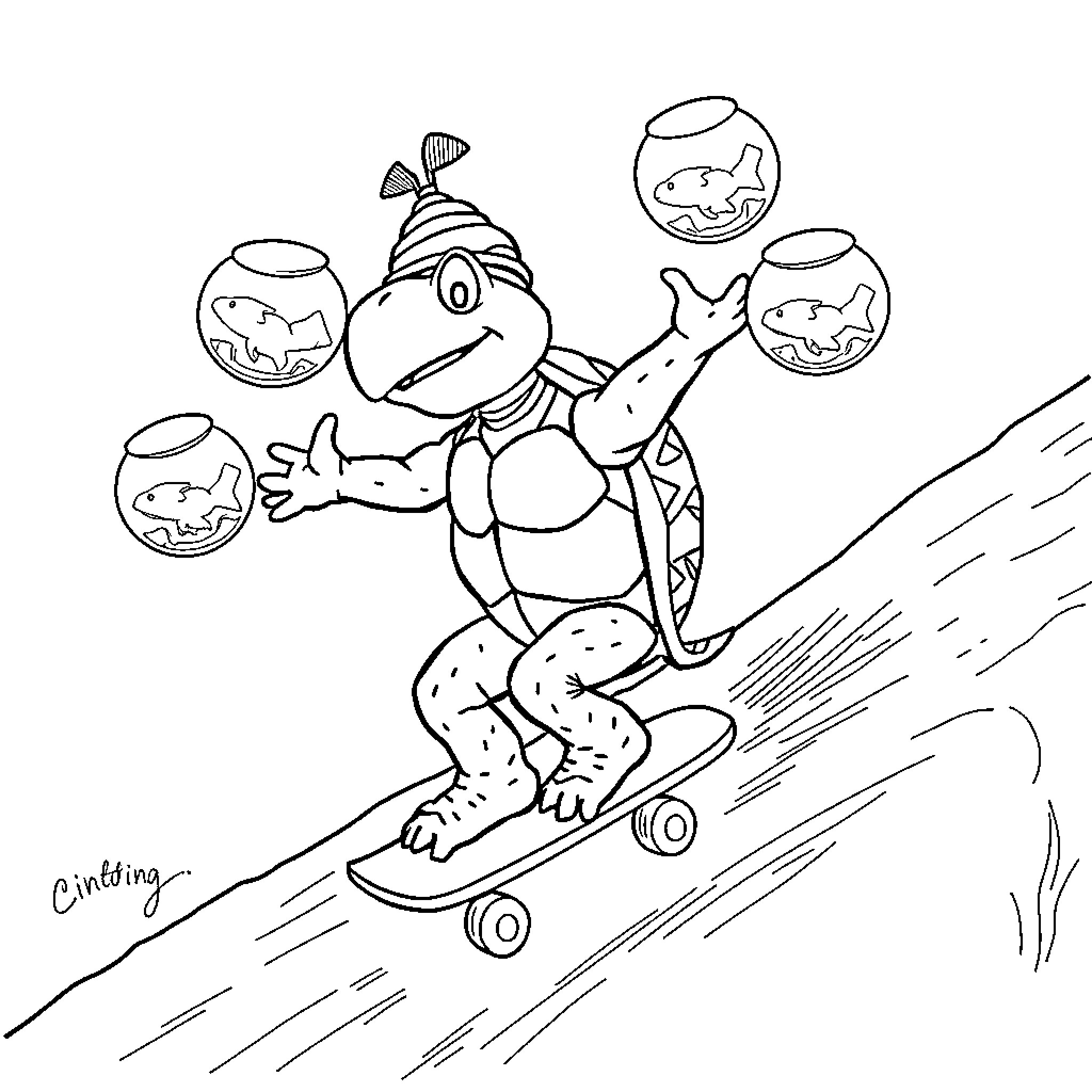 Turtle riding skateboard and juggling fish bowls Coloring Page (free black-and-white line drawing printable PDF for all, from beginners to advanced learners, including children, teens, adults, and seniors)