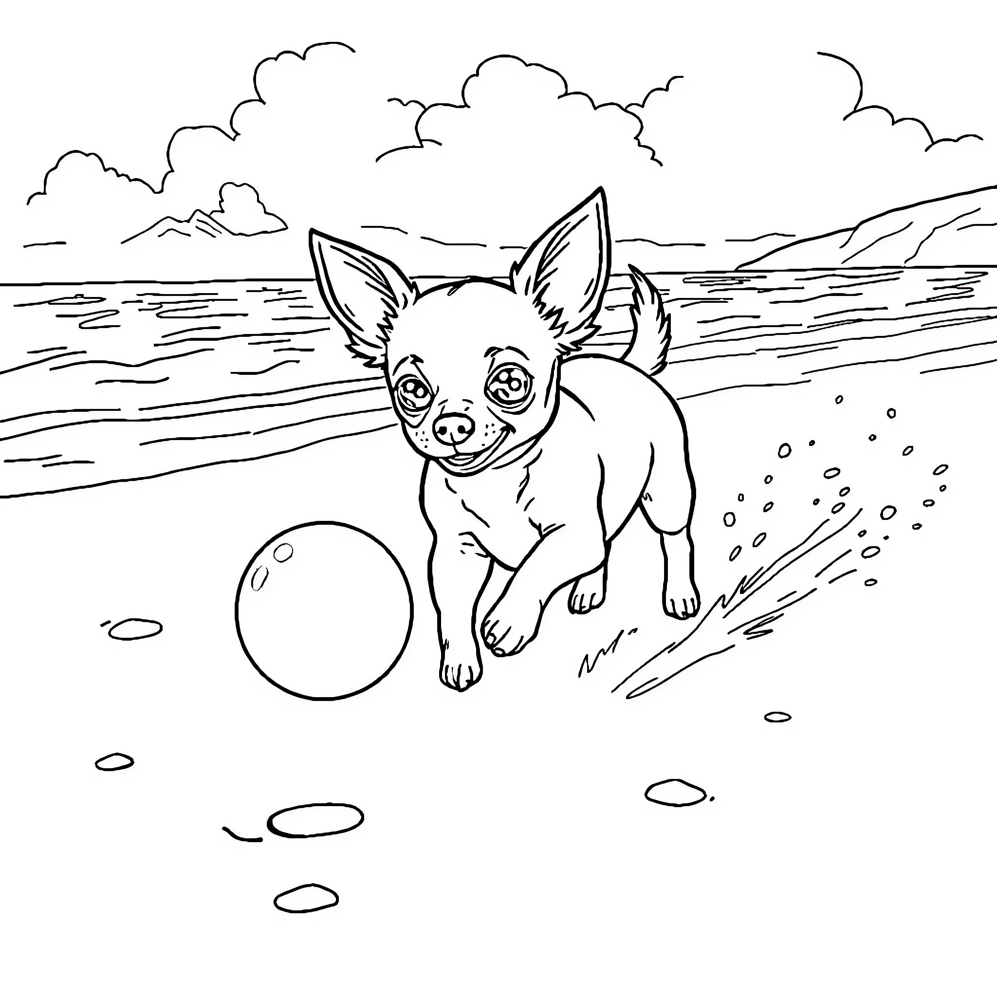 Chihuahua playing joyfully on the beach Coloring Page (free black-and-white line drawing printable PDF for all, from beginners to advanced learners, including children, teens, adults, and seniors)