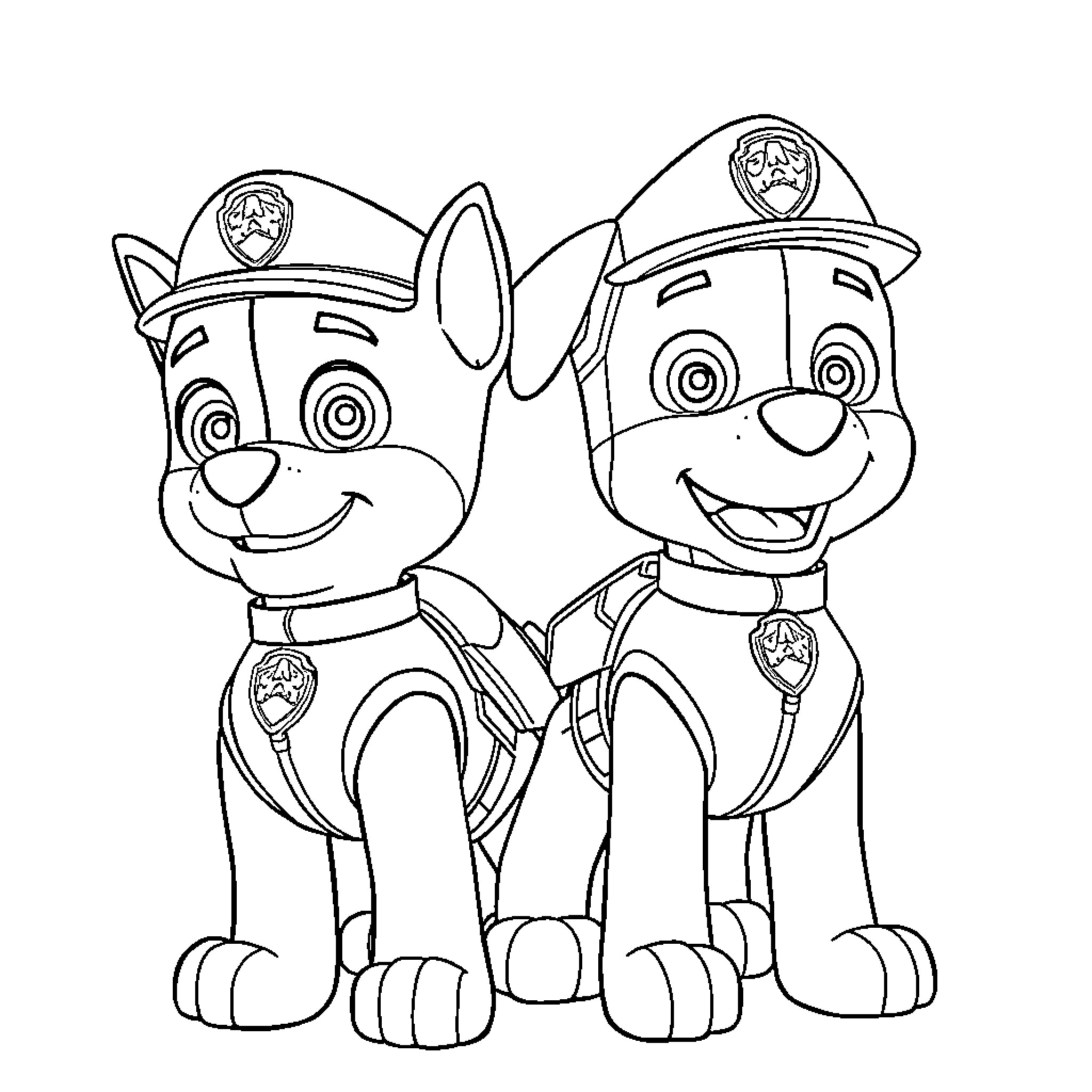 Paw Patrol pups in uniform and gear Coloring Page (free black-and-white line drawing printable PDF for all, from beginners to advanced learners, including children, teens, adults, and seniors)