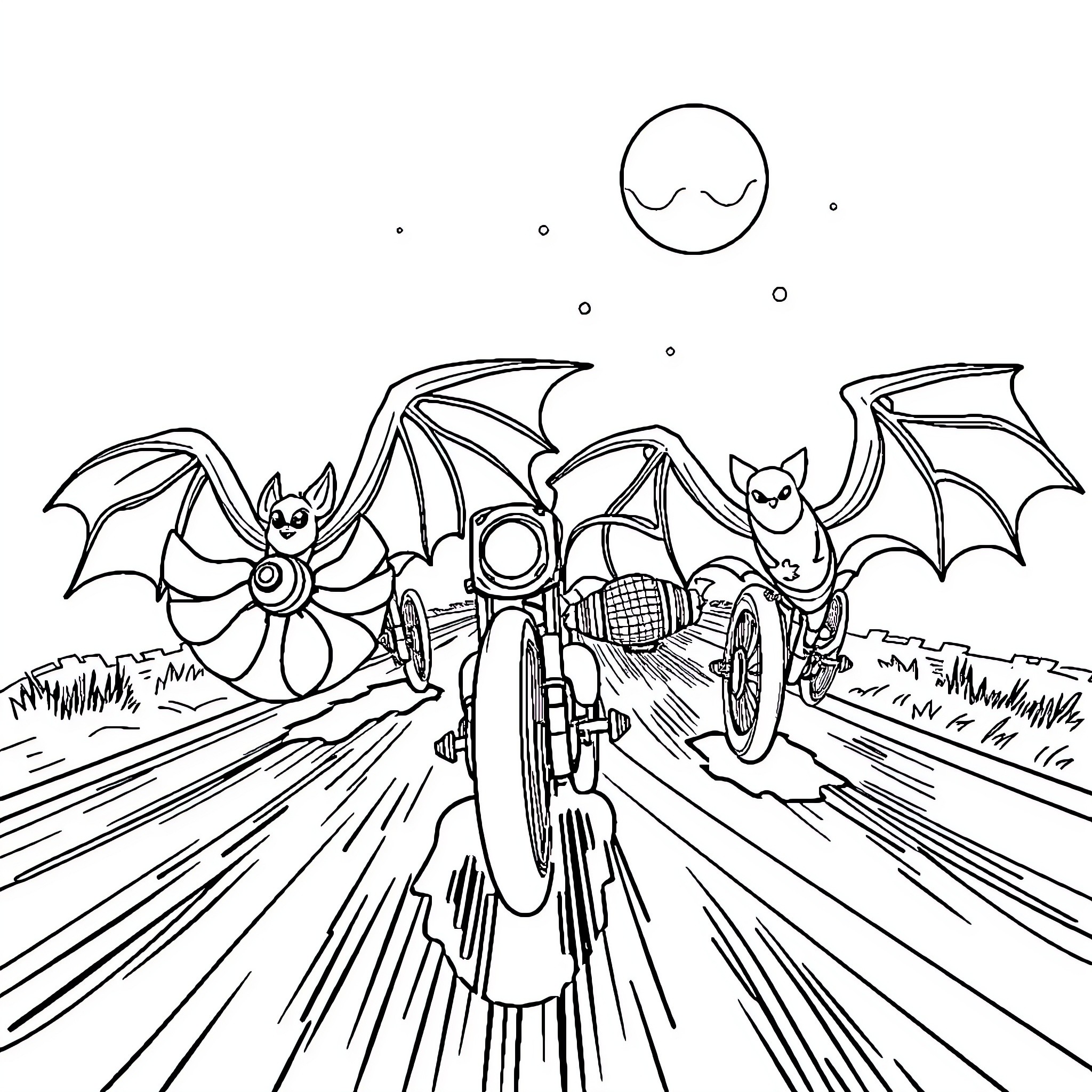Batwheels speeding through the night Coloring Page (free black-and-white line drawing printable PDF for all, from beginners to advanced learners, including children, teens, adults, and seniors)