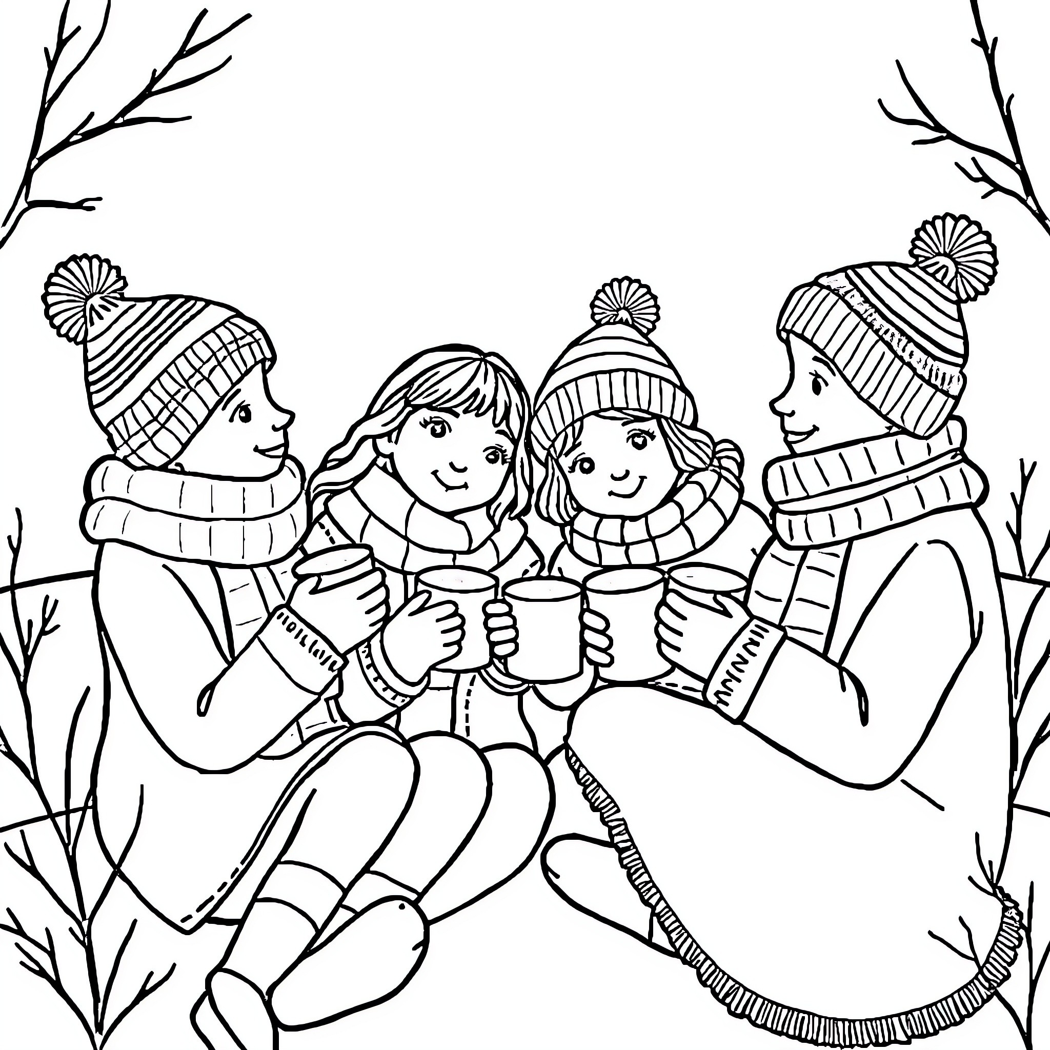 Friend Enjoying Warm Beverages in Winter Wonderland Coloring Page (free black-and-white line drawing printable PDF for all, from beginners to advanced learners, including children, teens, adults, and seniors)
