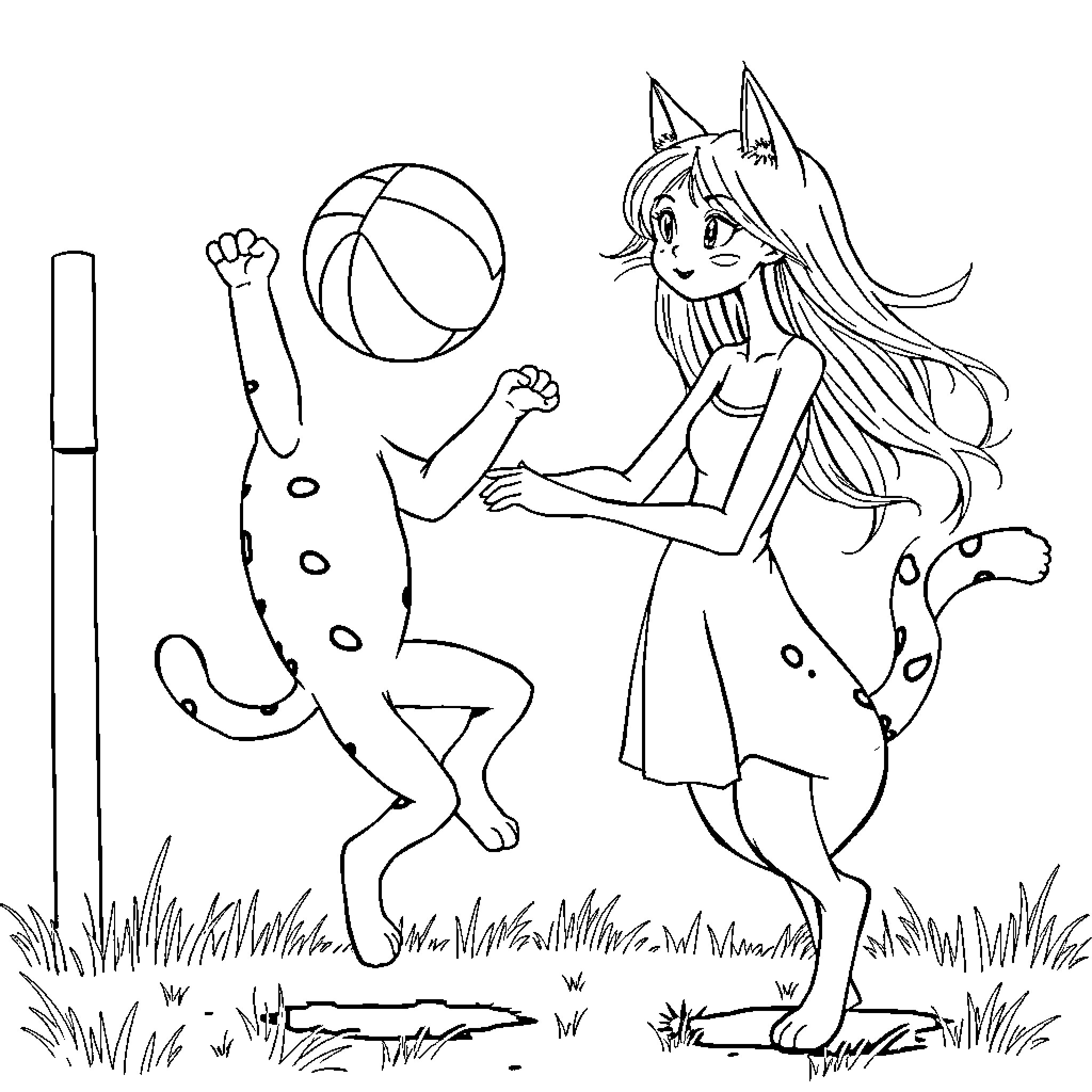 Cat-eared girl playing with ball in grassy field Coloring Page (free black-and-white line drawing printable PDF for all, from beginners to advanced learners, including children, teens, adults, and seniors)