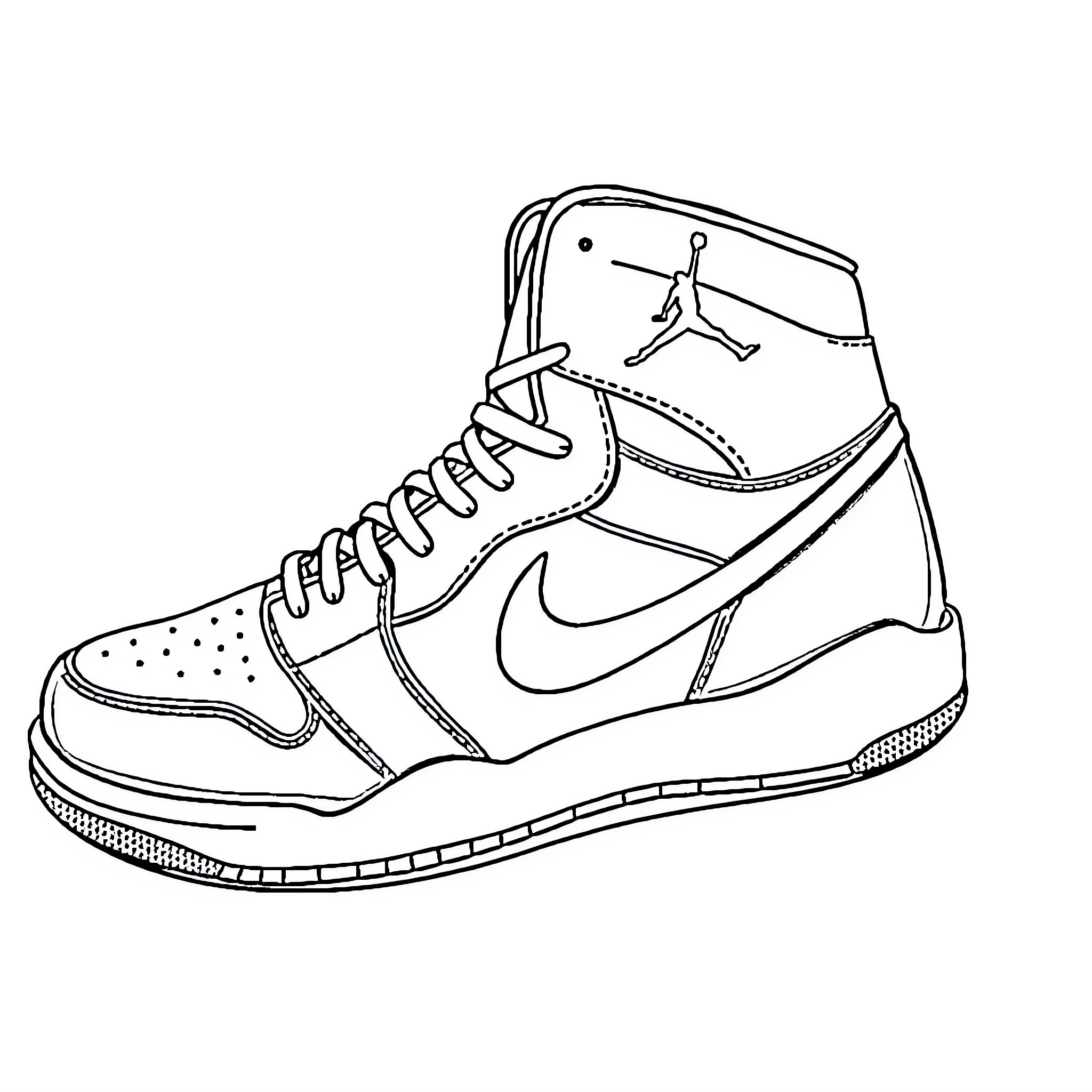 Jordan Shoe featuring a laced high-top sneaker design Coloring Page (free black-and-white line drawing printable PDF for all, from beginners to advanced learners, including children, teens, adults, and seniors)