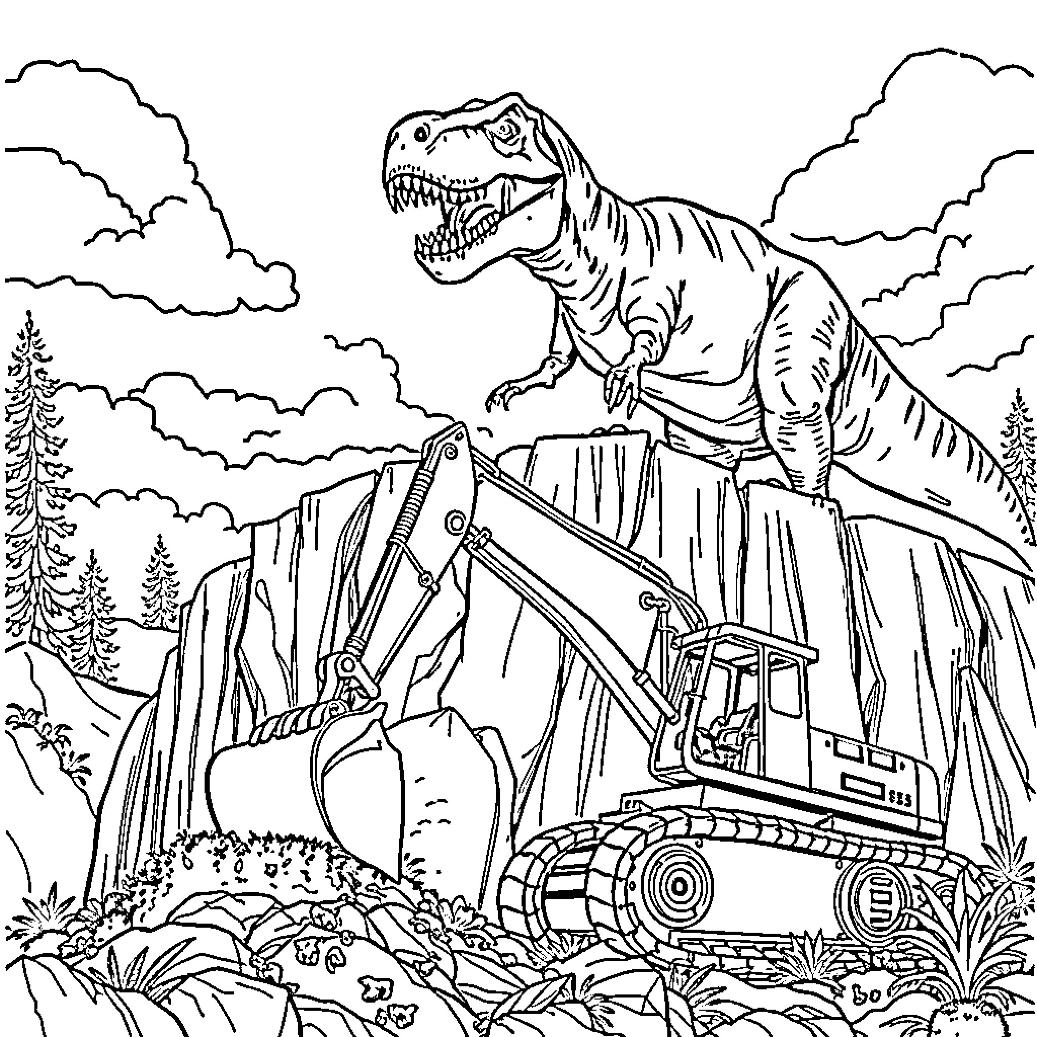 Excavator operating near a prehistoric T-Rex Coloring Page (free black-and-white line drawing printable PDF for all, from beginners to advanced learners, including children, teens, adults, and seniors)