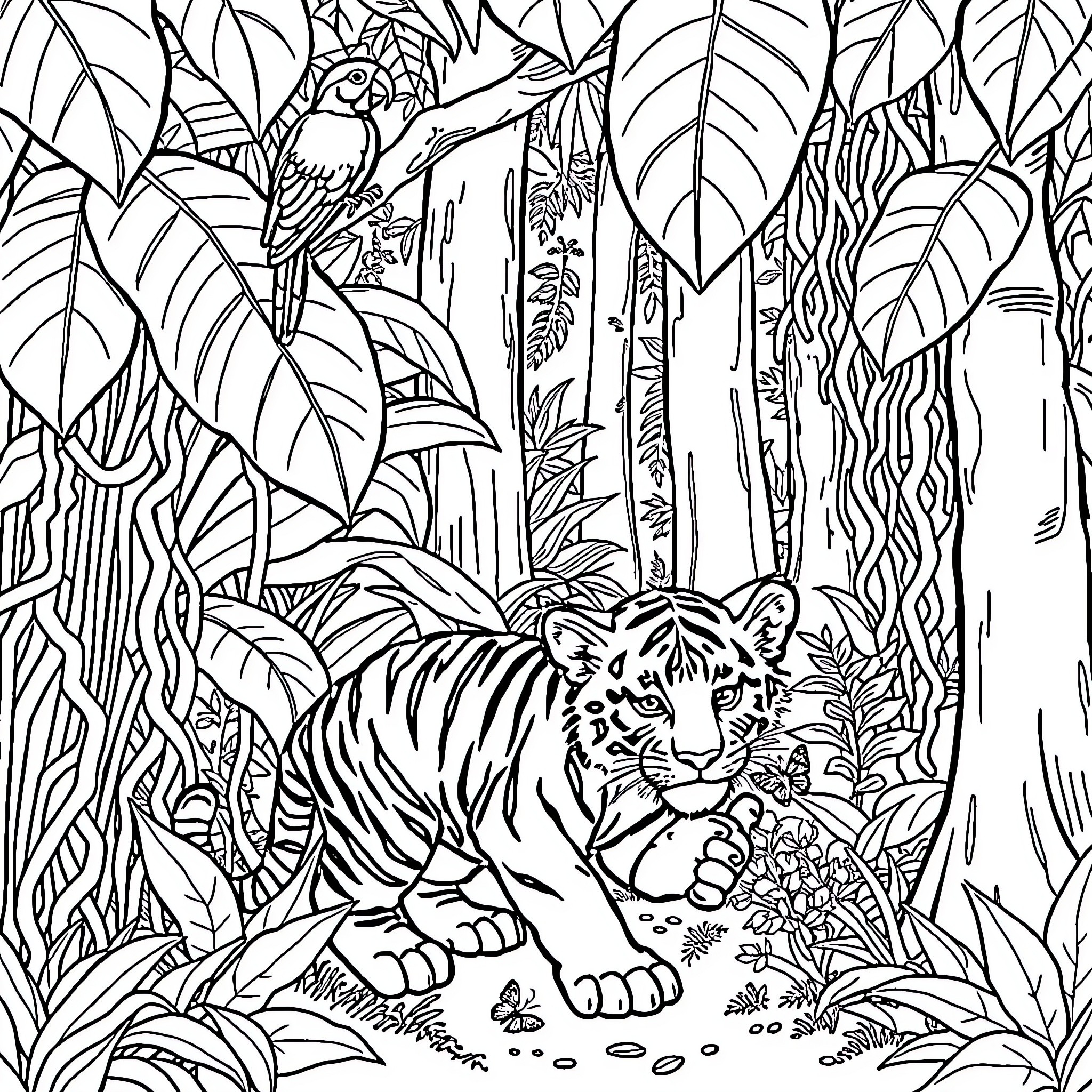 Tiger in the Lush Jungle Habitat Coloring Page (free black-and-white line drawing printable PDF for all, from beginners to advanced learners, including children, teens, adults, and seniors)