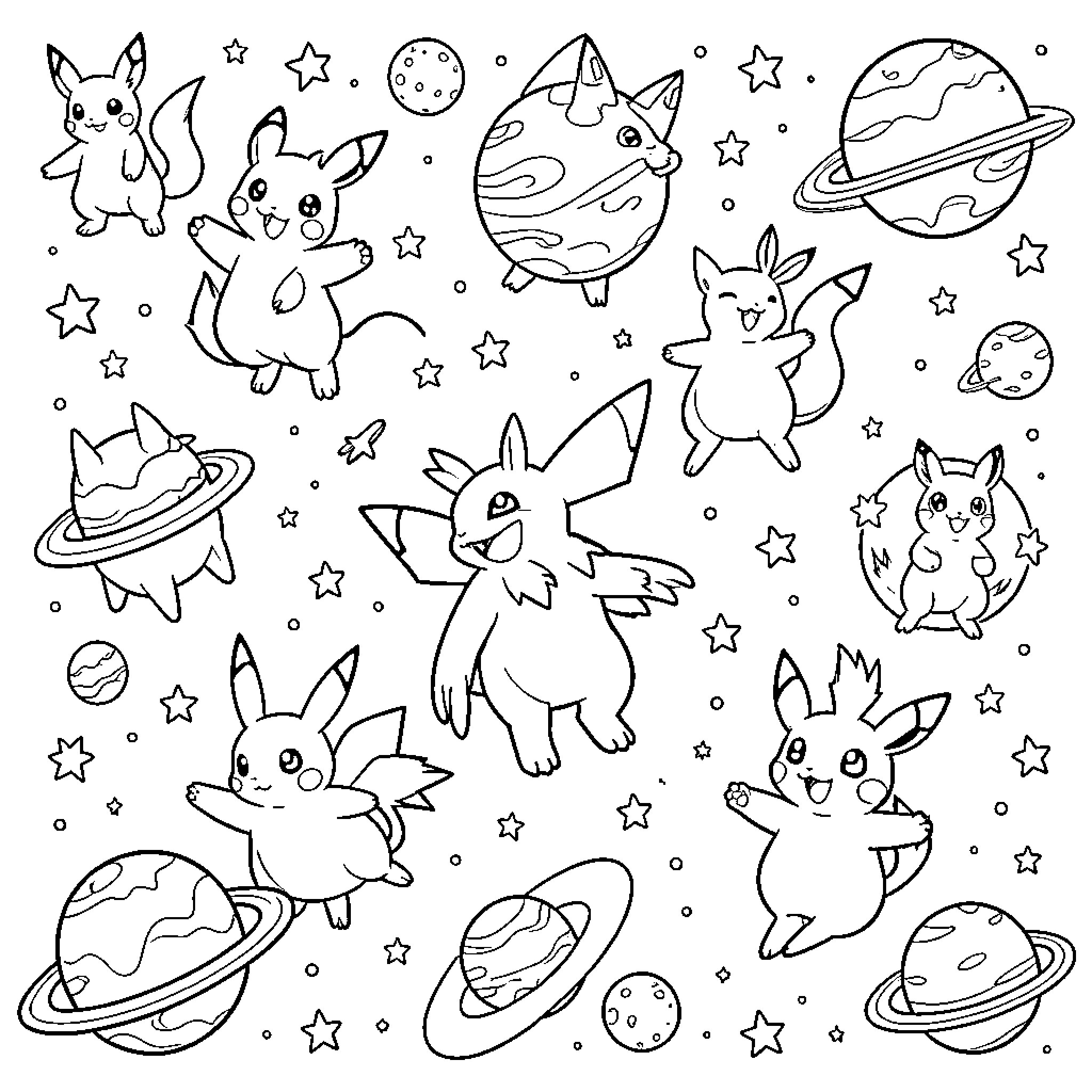 Pokémon Playful Creatures in Cosmic Adventure Coloring Page (free black-and-white line drawing printable PDF for all, from beginners to advanced learners, including children, teens, adults, and seniors)