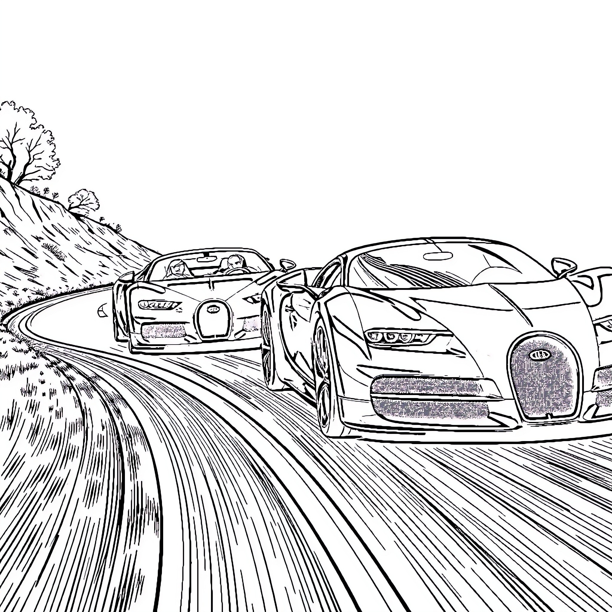 Cars racing on winding mountain road Coloring Page (free black-and-white line drawing printable PDF for all, from beginners to advanced learners, including children, teens, adults, and seniors)