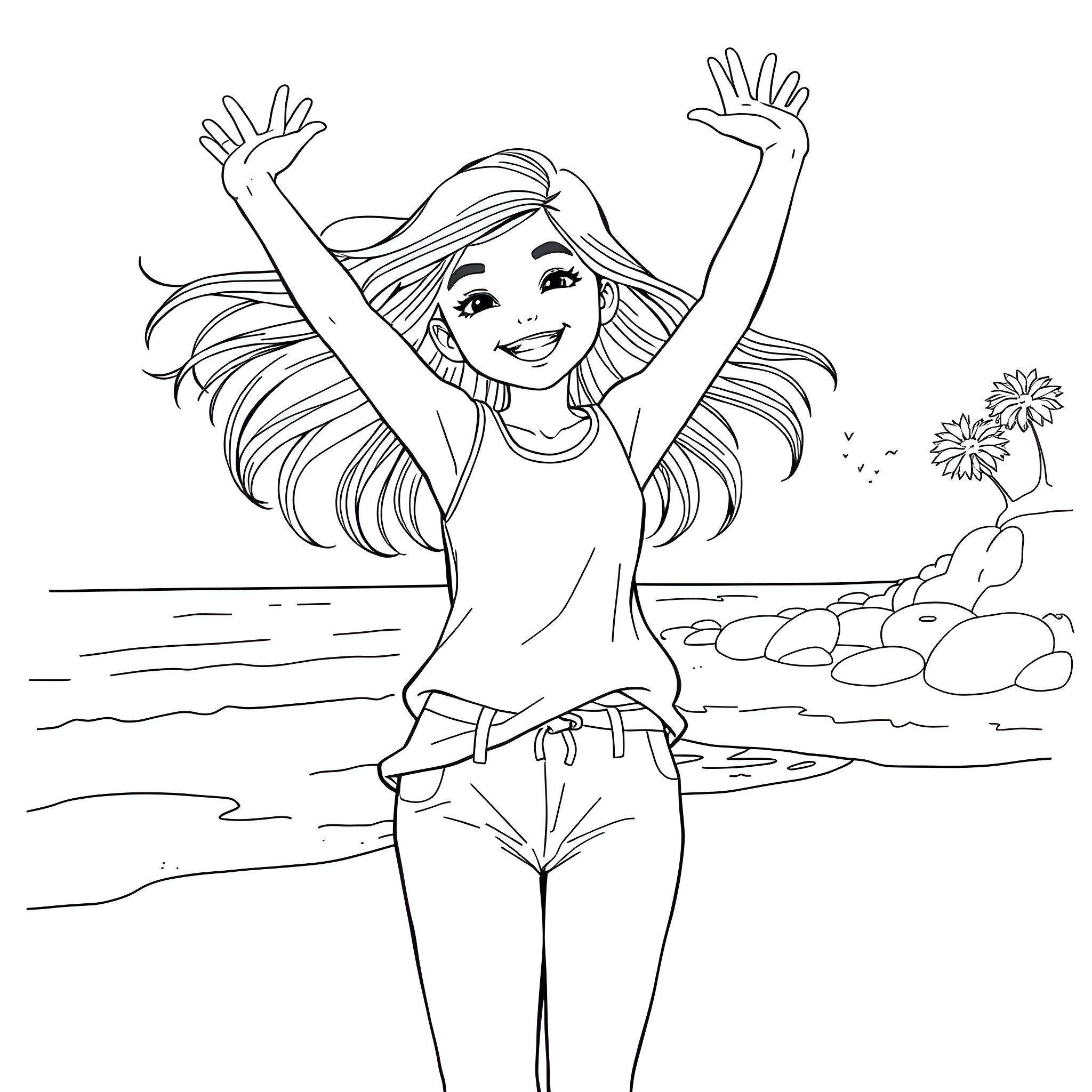 Girl enjoying a sunny day at the beach Coloring Page (free black-and-white line drawing printable PDF for all, from beginners to advanced learners, including children, teens, adults, and seniors)