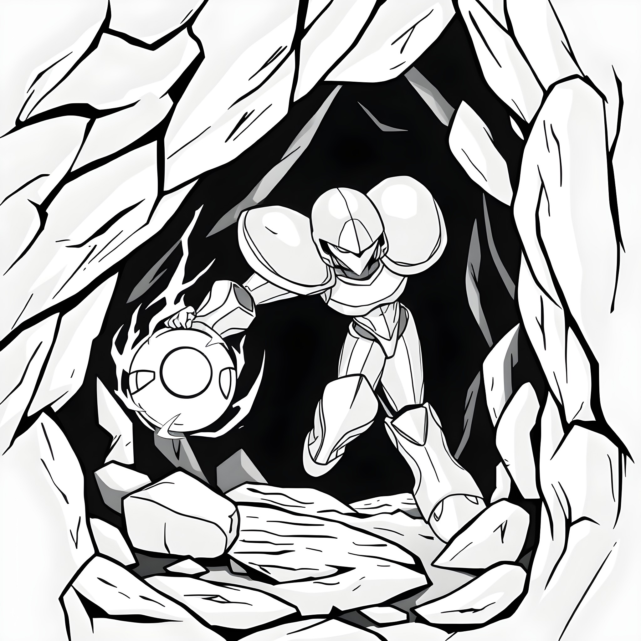 Samus braving a perilous cave environment Coloring Page (free black-and-white line drawing printable PDF for all, from beginners to advanced learners, including children, teens, adults, and seniors)