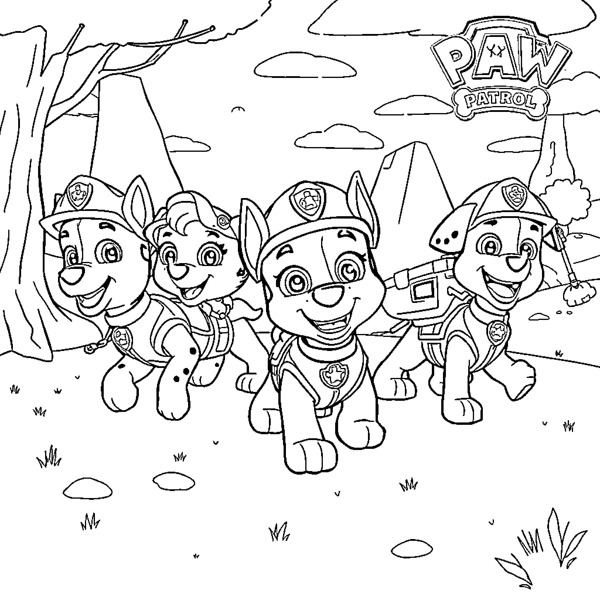 Paw Patrol characters in an outdoor adventure Coloring Page (free black-and-white line drawing printable PDF for all, from beginners to advanced learners, including children, teens, adults, and seniors)