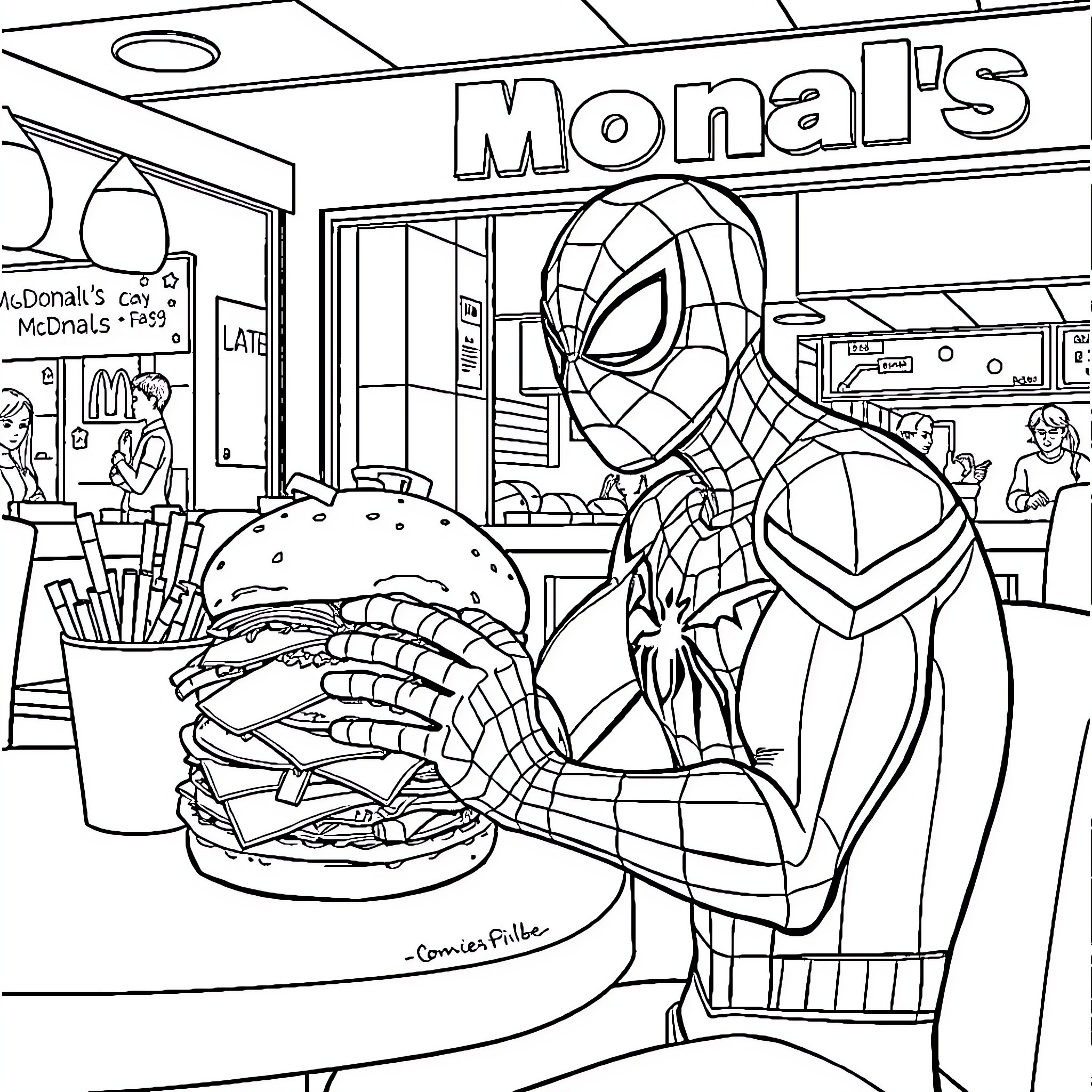 Spiderman Grabs a Giant Burger at Monals Coloring Page (free black-and-white line drawing printable PDF for all, from beginners to advanced learners, including children, teens, adults, and seniors)
