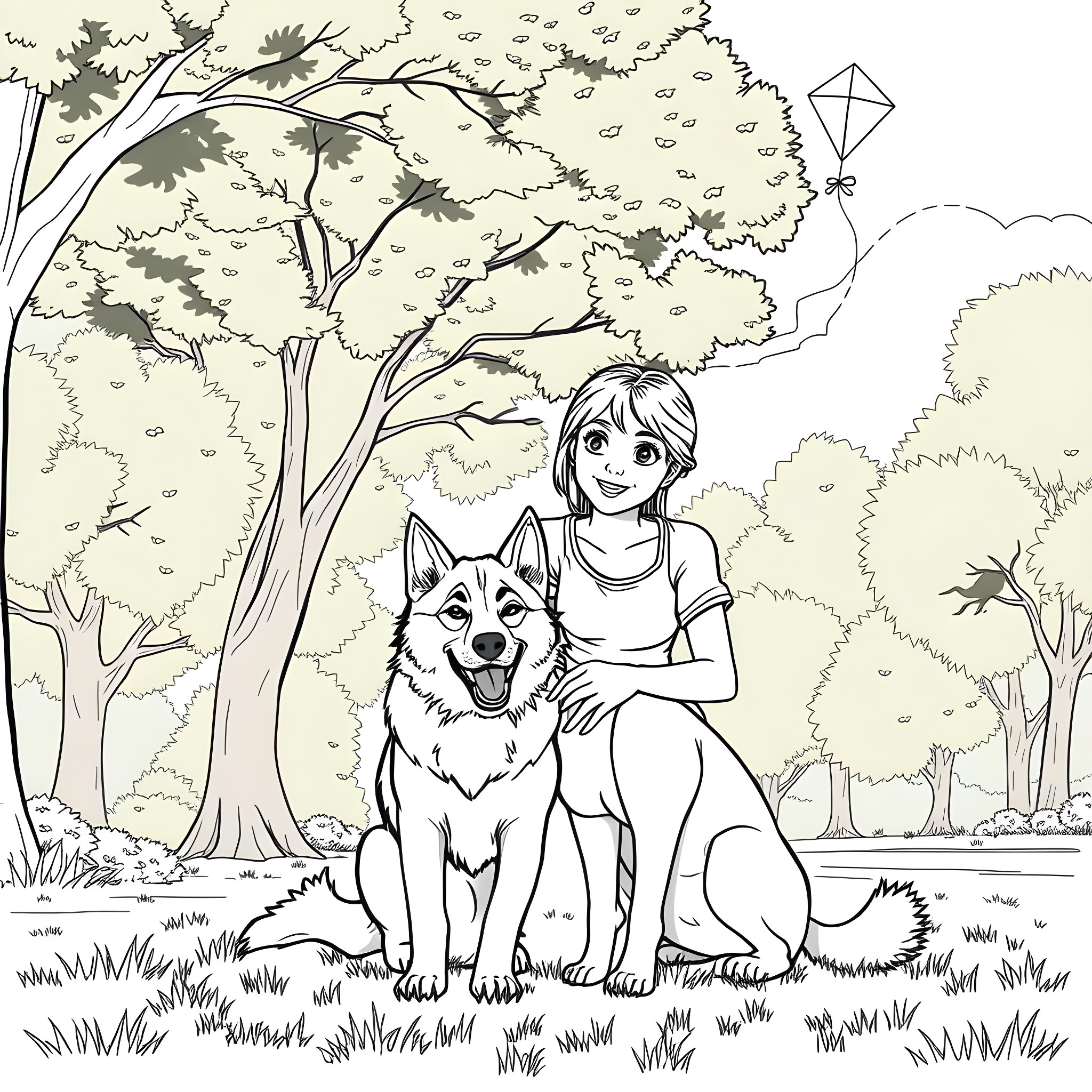 Teen Girl Enjoying Nature with Pet Dog Coloring Page (free black-and-white line drawing printable PDF for all, from beginners to advanced learners, including children, teens, adults, and seniors)