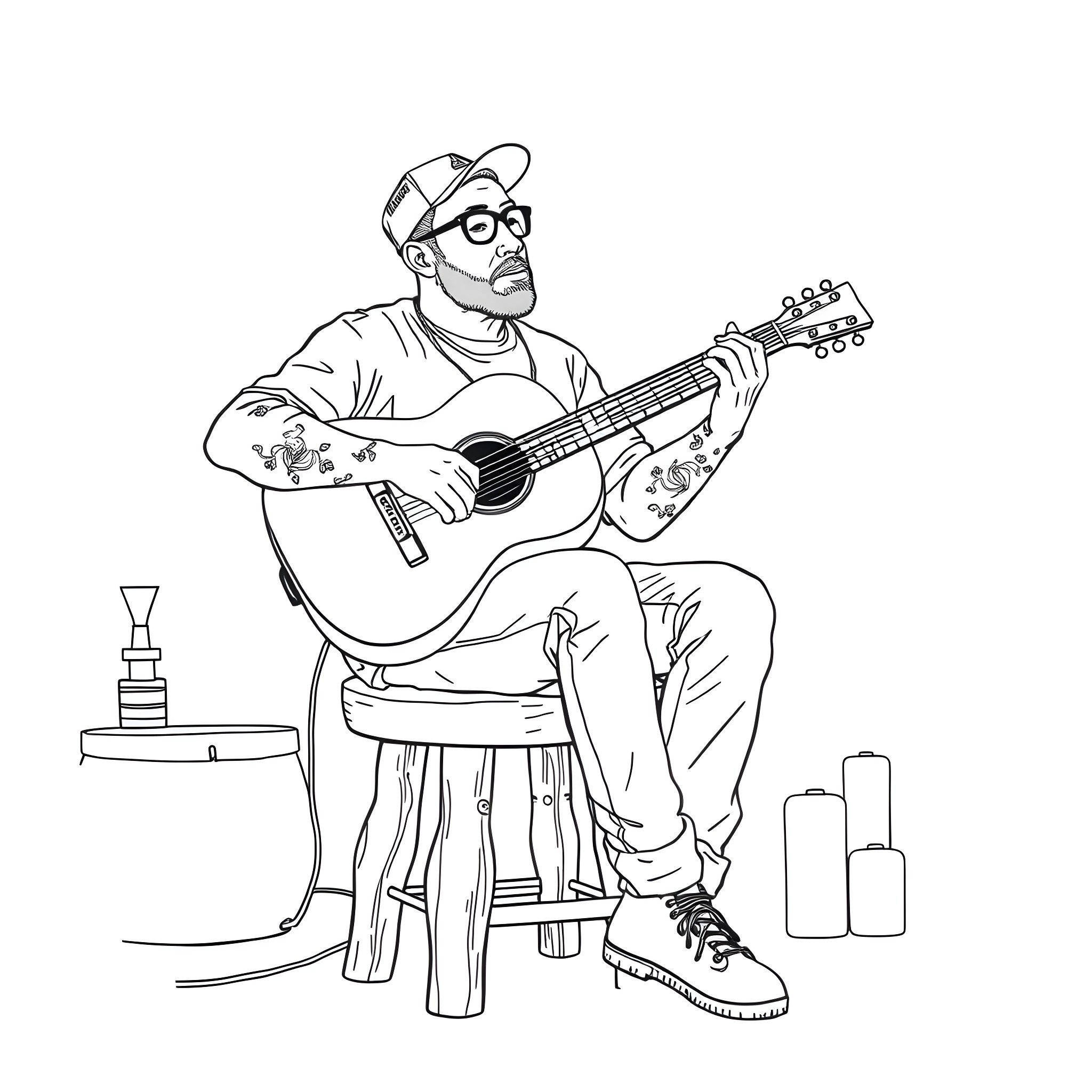 Mac Miller playing guitar on stage Coloring Page (free black-and-white line drawing printable PDF for all, from beginners to advanced learners, including children, teens, adults, and seniors)