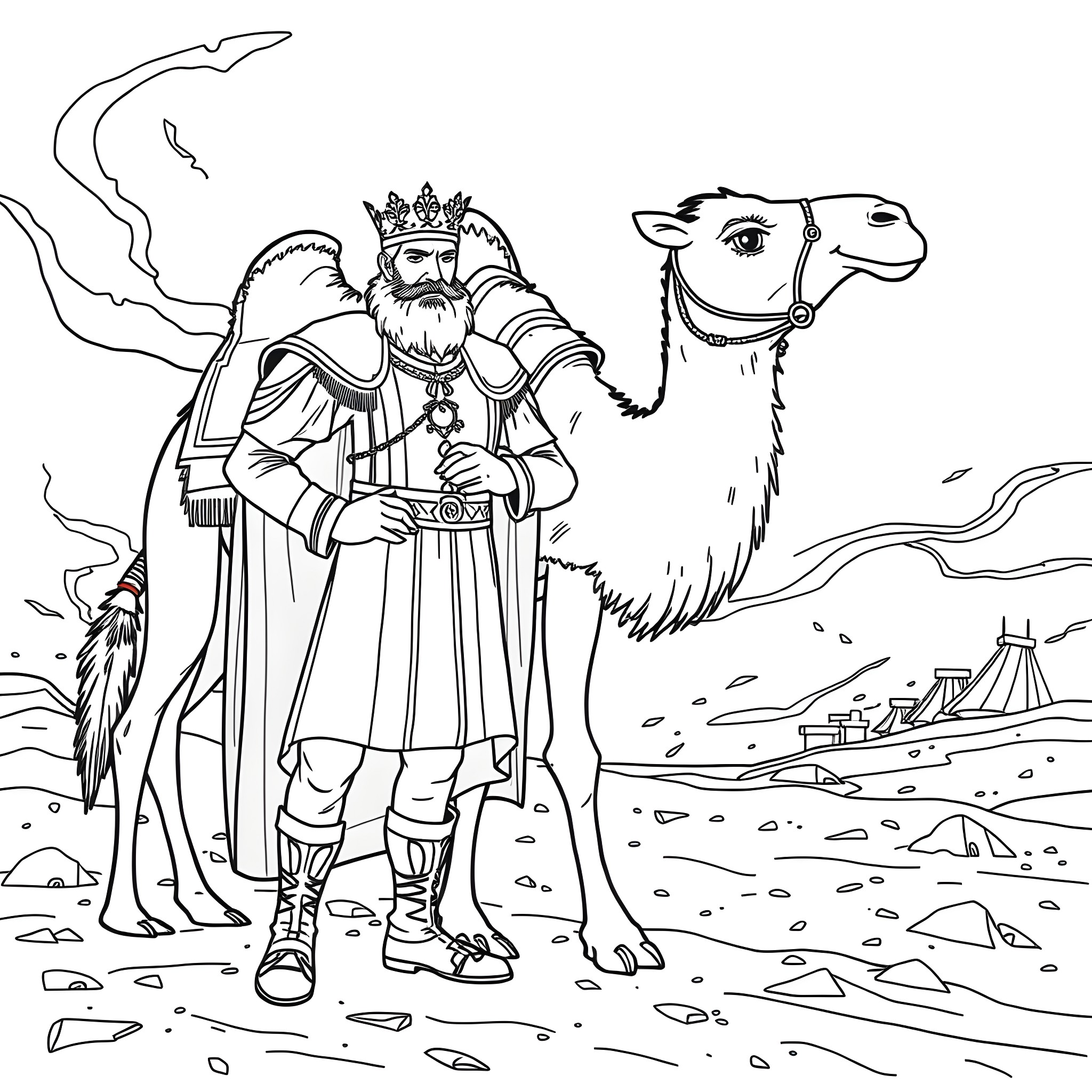 Camel and Regal King in Desert Landscape Coloring Page (free black-and-white line drawing printable PDF for all, from beginners to advanced learners, including children, teens, adults, and seniors)