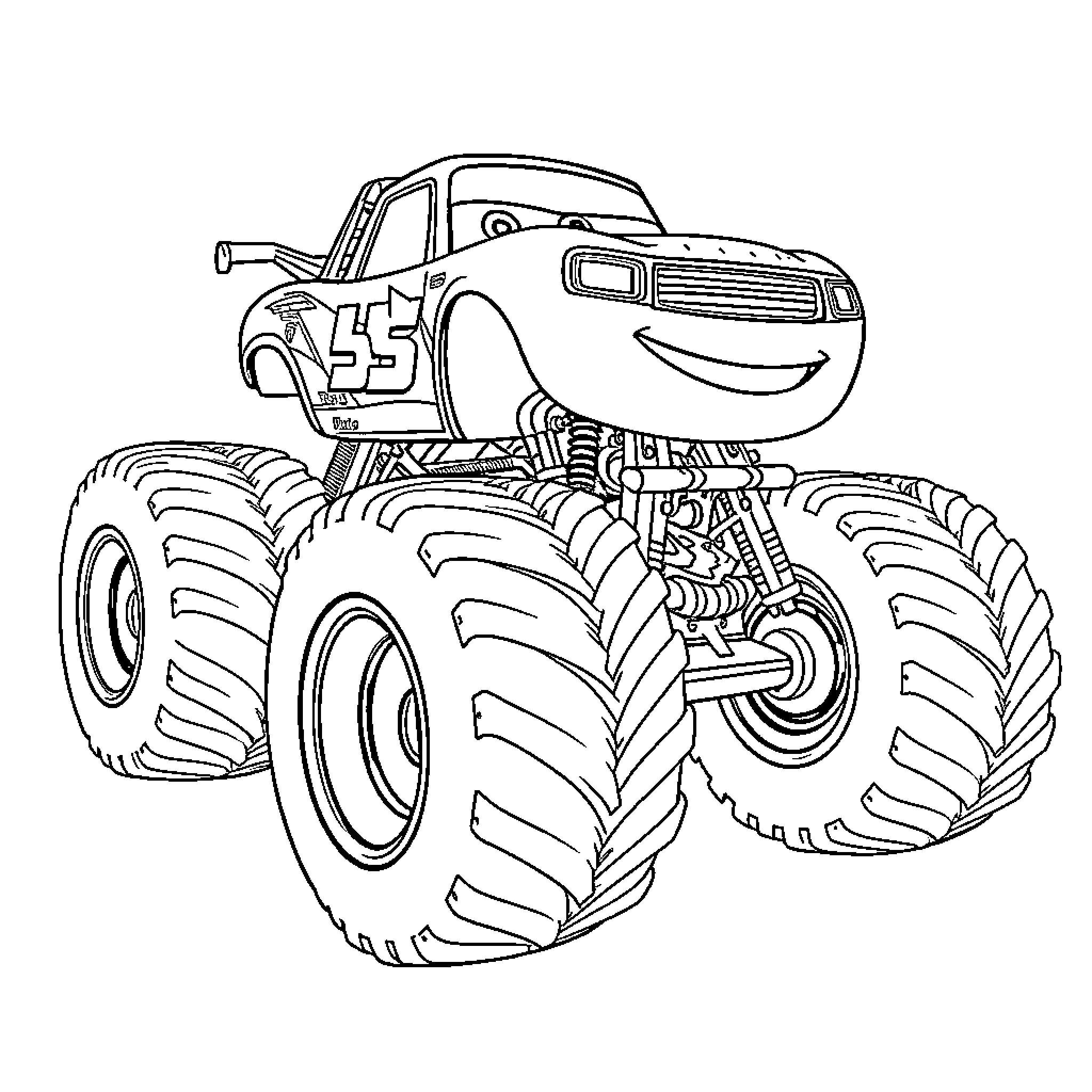 Monster Truck performing stunts on rugged terrain Coloring Page (free black-and-white line drawing printable PDF for all, from beginners to advanced learners, including children, teens, adults, and seniors)