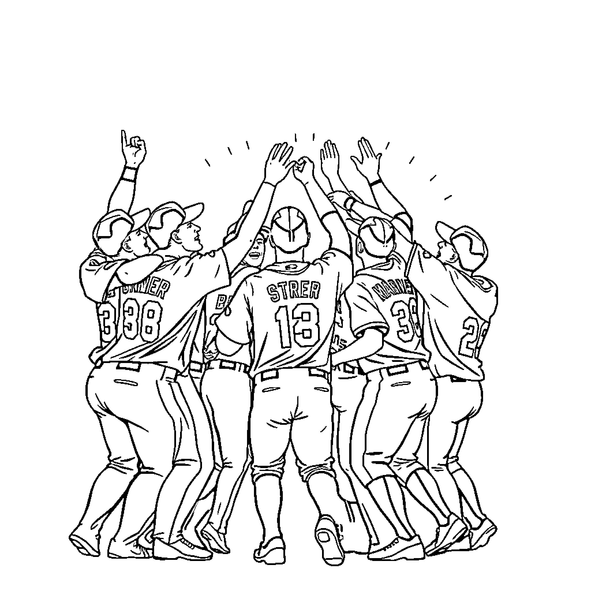 Mariner teammates celebrating a shared victory Coloring Page (free black-and-white line drawing printable PDF for all, from beginners to advanced learners, including children, teens, adults, and seniors)