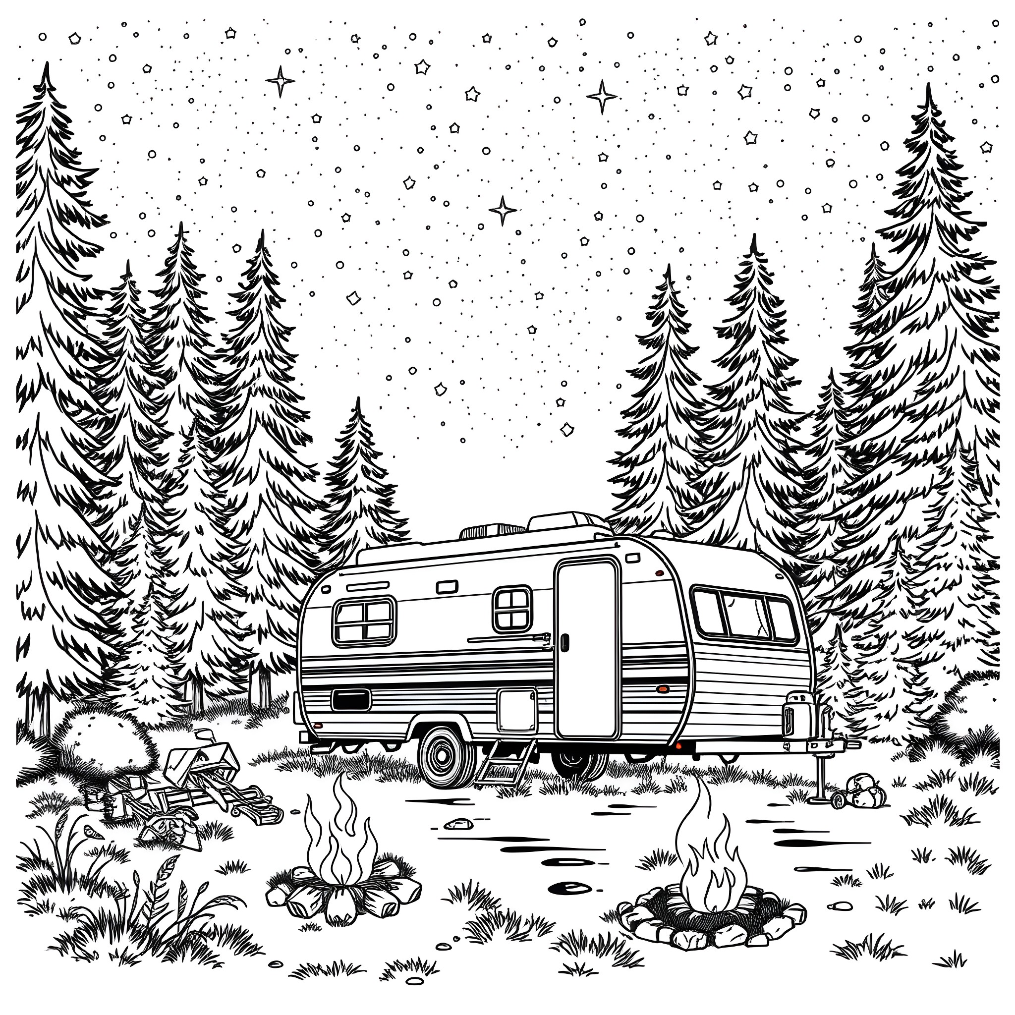Trailer Camping in Snowy Winter Wonderland Coloring Page (free black-and-white line drawing printable PDF for all, from beginners to advanced learners, including children, teens, adults, and seniors)