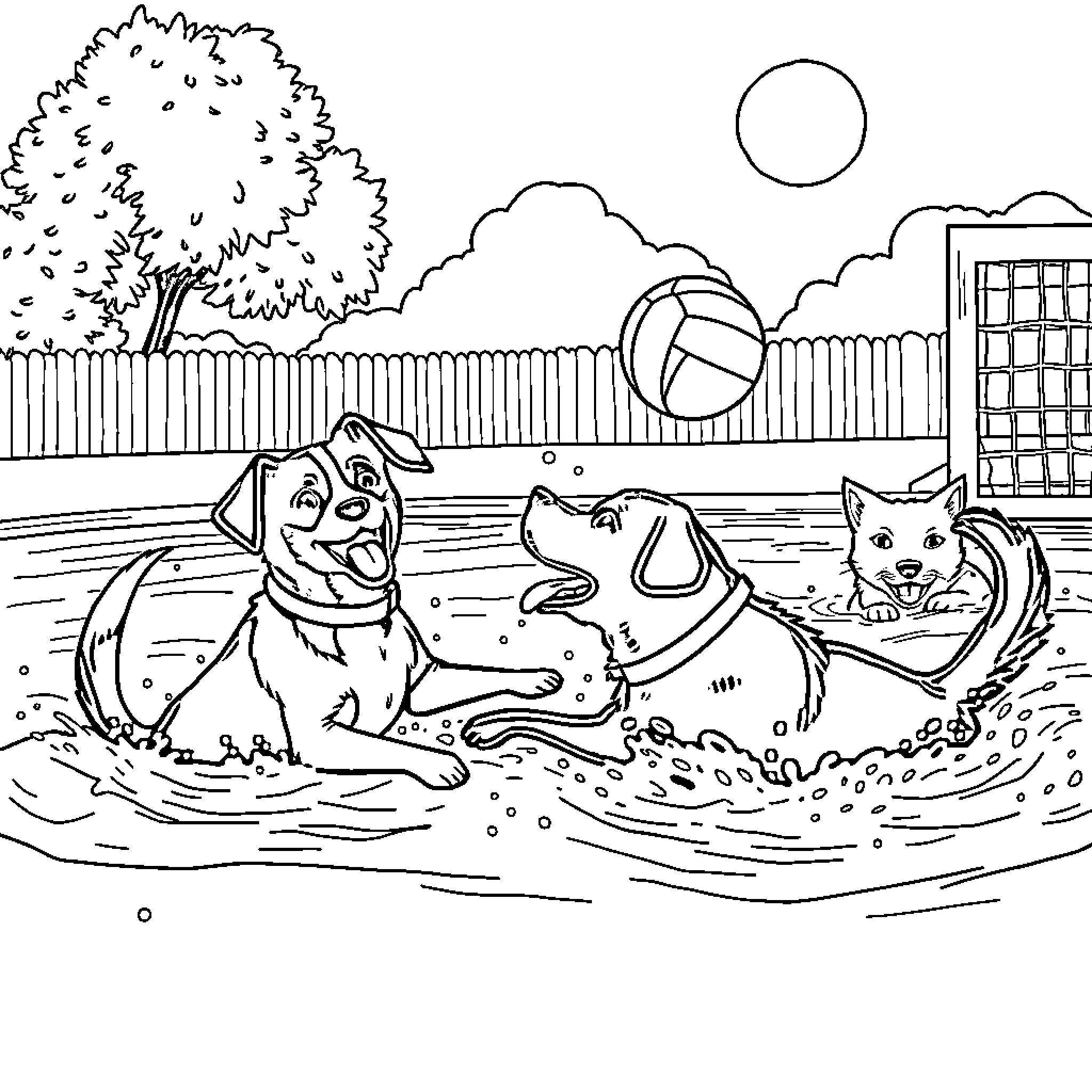 Dog Playing Happily with Friends in the Backyard Coloring Page (free black-and-white line drawing printable PDF for all, from beginners to advanced learners, including children, teens, adults, and seniors)