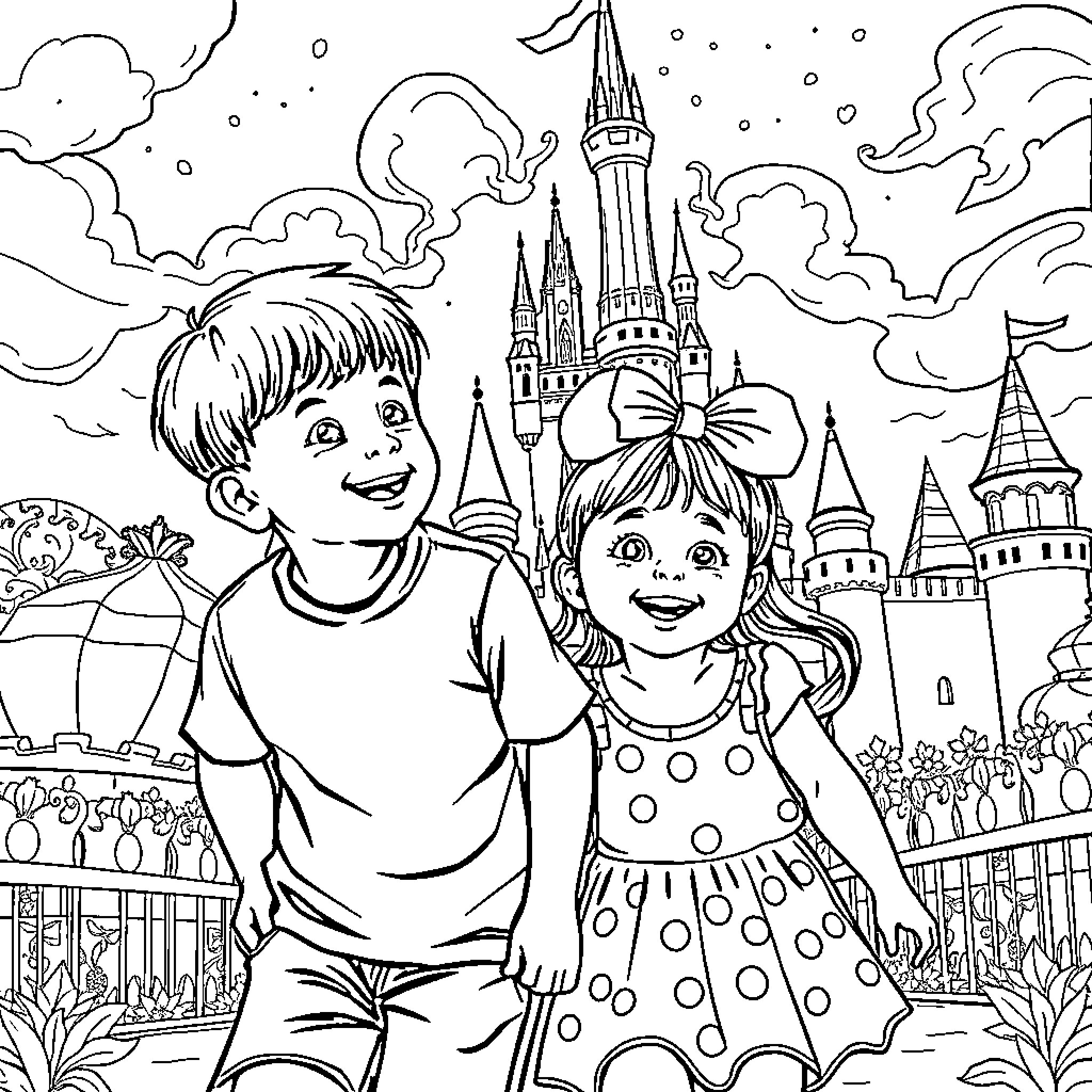 Boy and Girl Explore a Fantasy Castle Scene Coloring Page (free black-and-white line drawing printable PDF for all, from beginners to advanced learners, including children, teens, adults, and seniors)