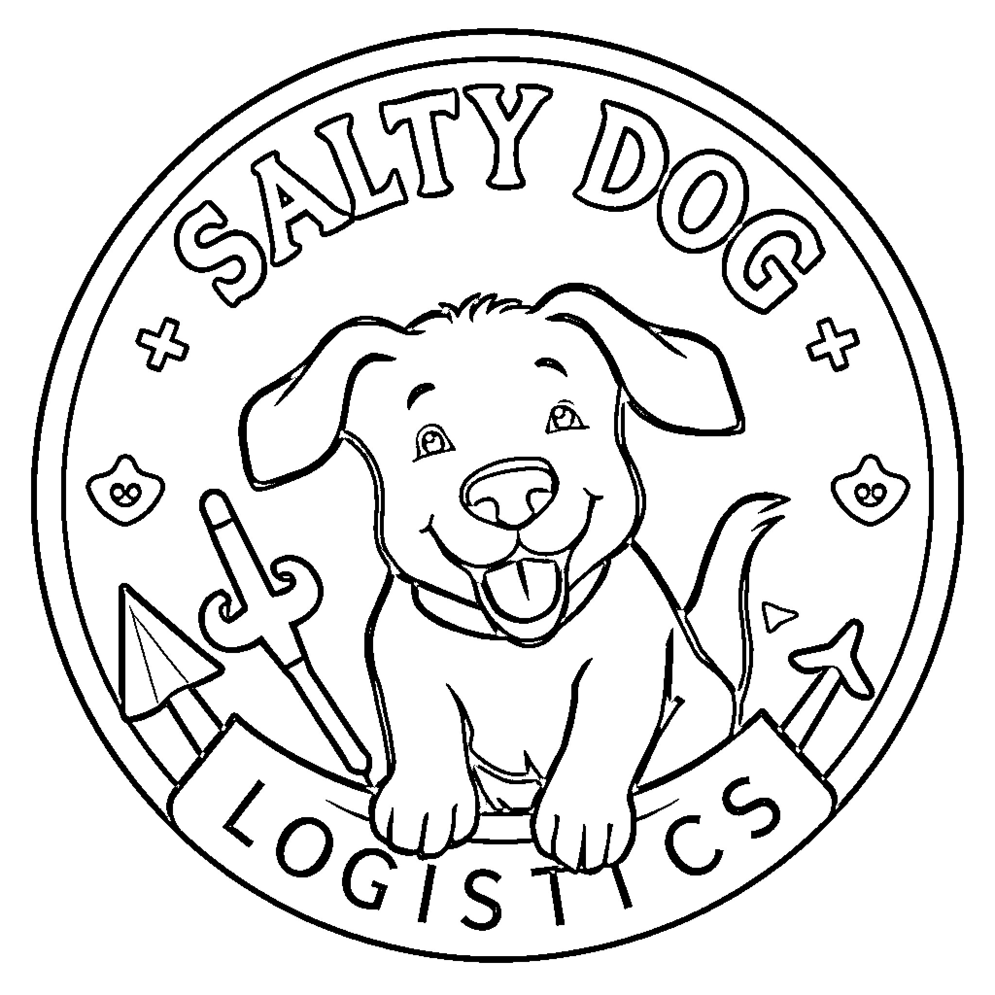 Salty Dog Logistical Assistant Offering Cheerful Service Coloring Page (free black-and-white line drawing printable PDF for all, from beginners to advanced learners, including children, teens, adults, and seniors)