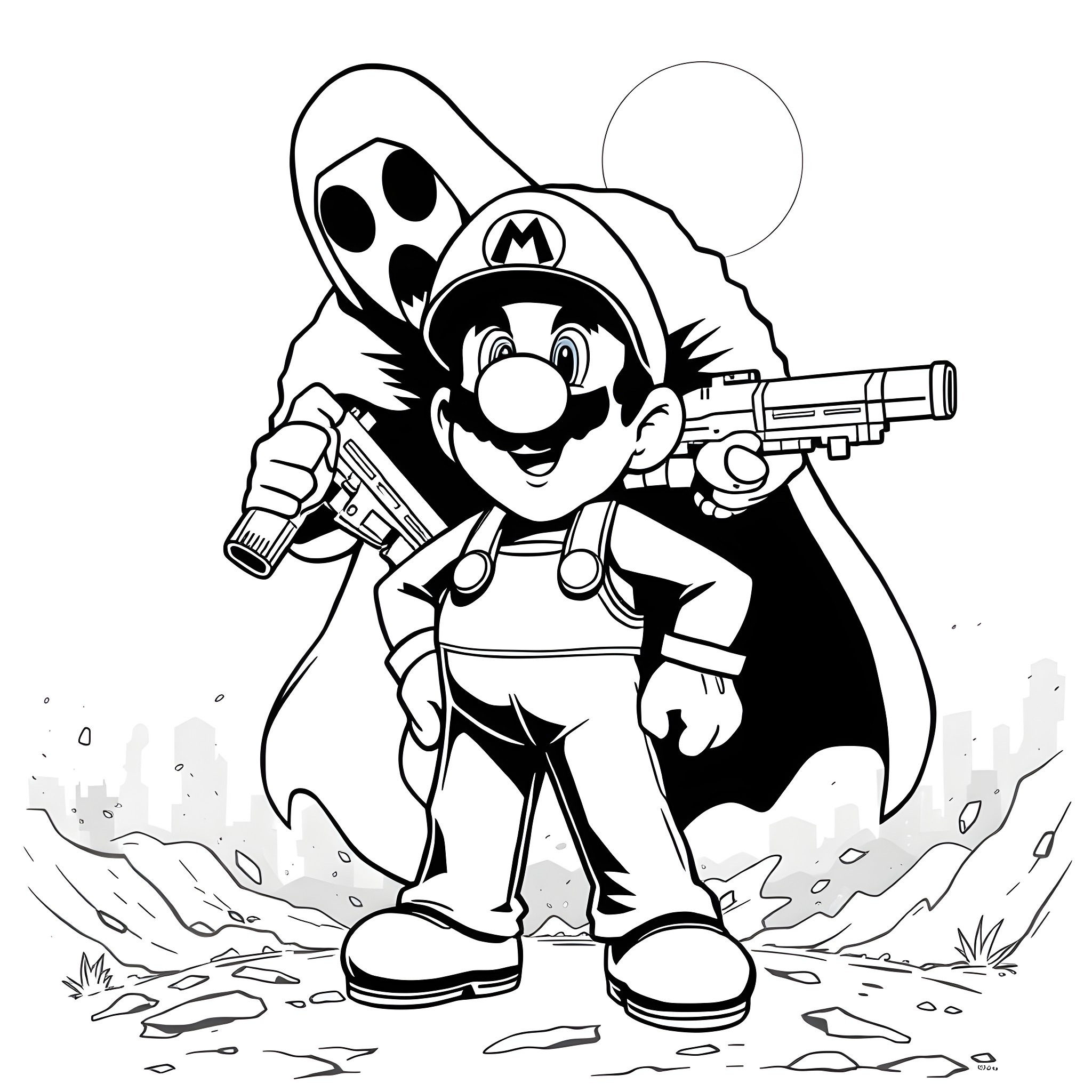 Mario in action on a mission Coloring Page (free black-and-white line drawing printable PDF for all, from beginners to advanced learners, including children, teens, adults, and seniors)