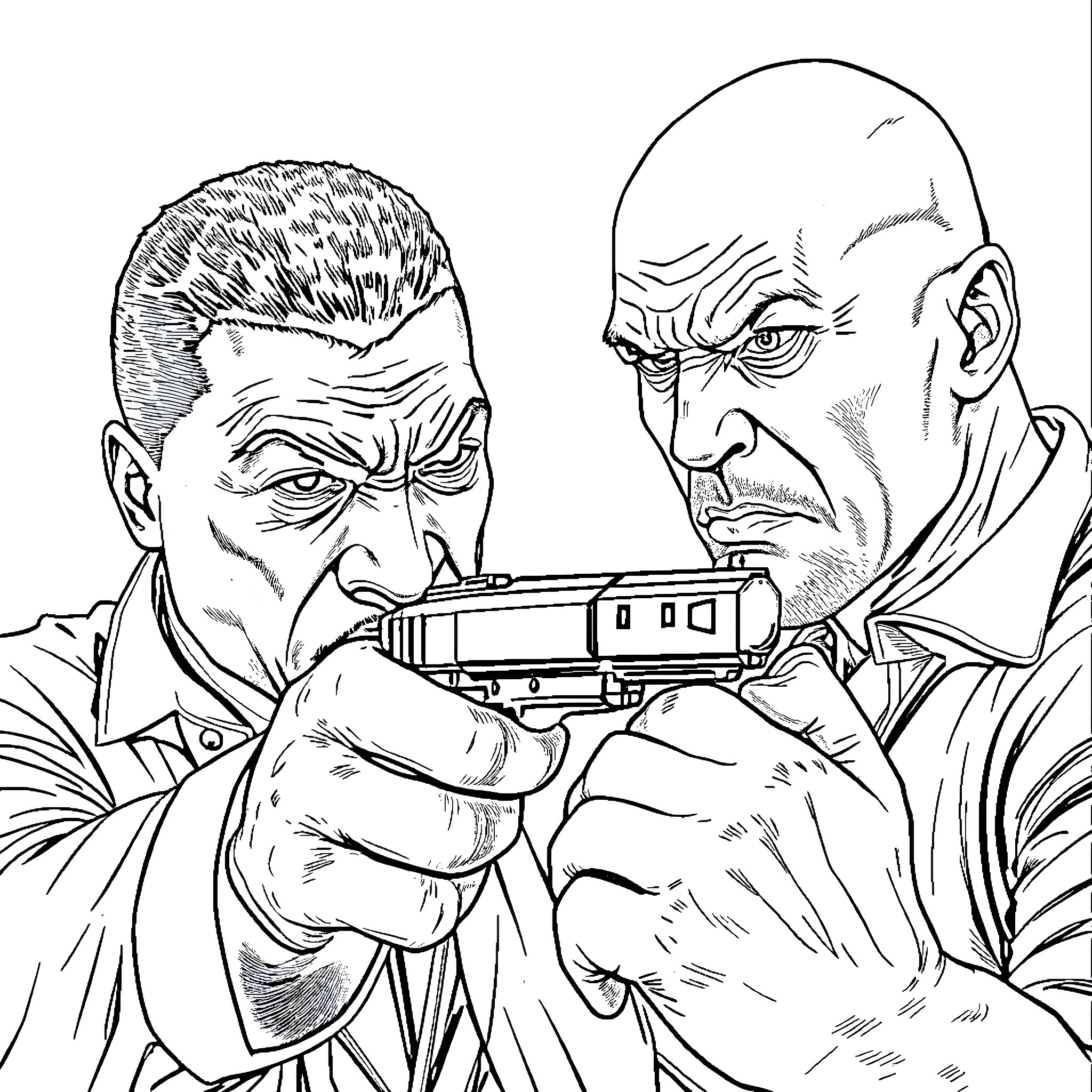 Wesley Snipes in action-packed scene wielding weapon Coloring Page (free black-and-white line drawing printable PDF for all, from beginners to advanced learners, including children, teens, adults, and seniors)