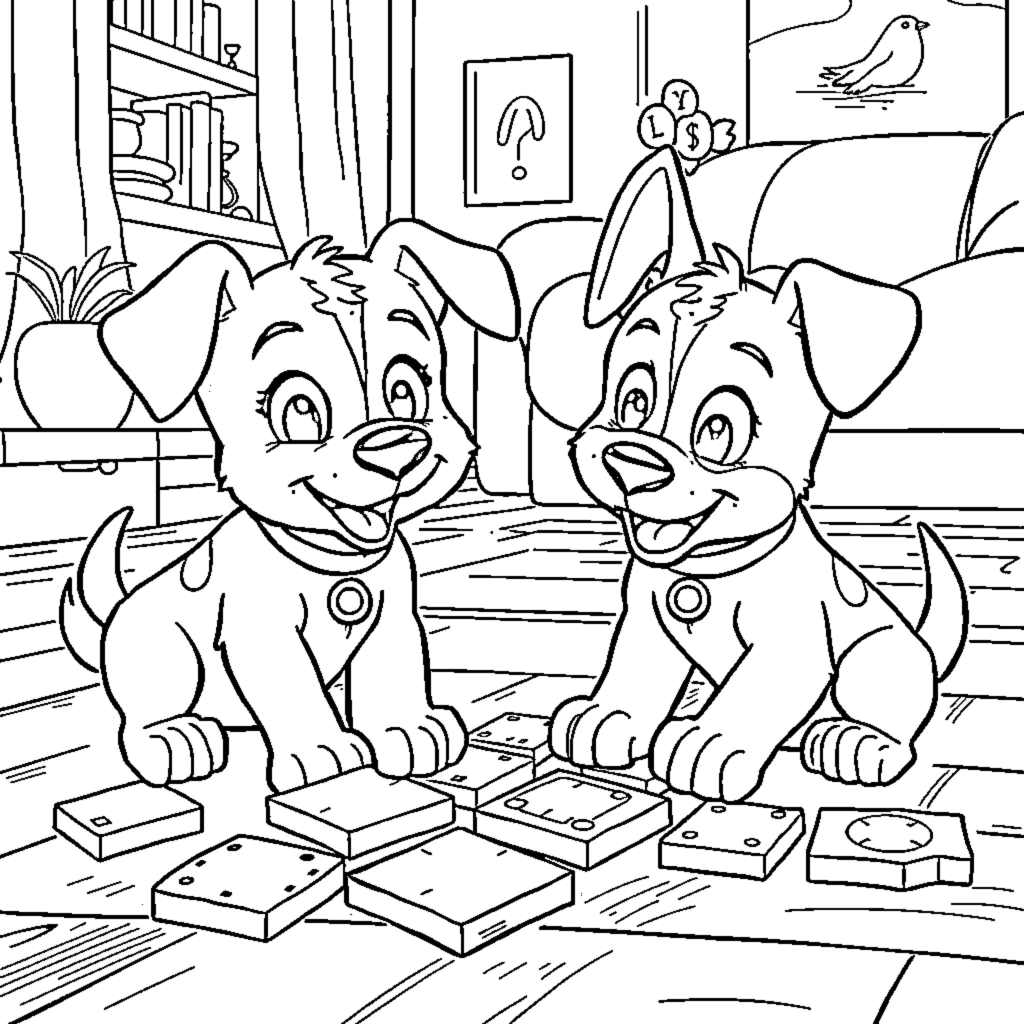 Bluey and Bingo Playing With Toys at Home Coloring Page (free black-and-white line drawing printable PDF for all, from beginners to advanced learners, including children, teens, adults, and seniors)