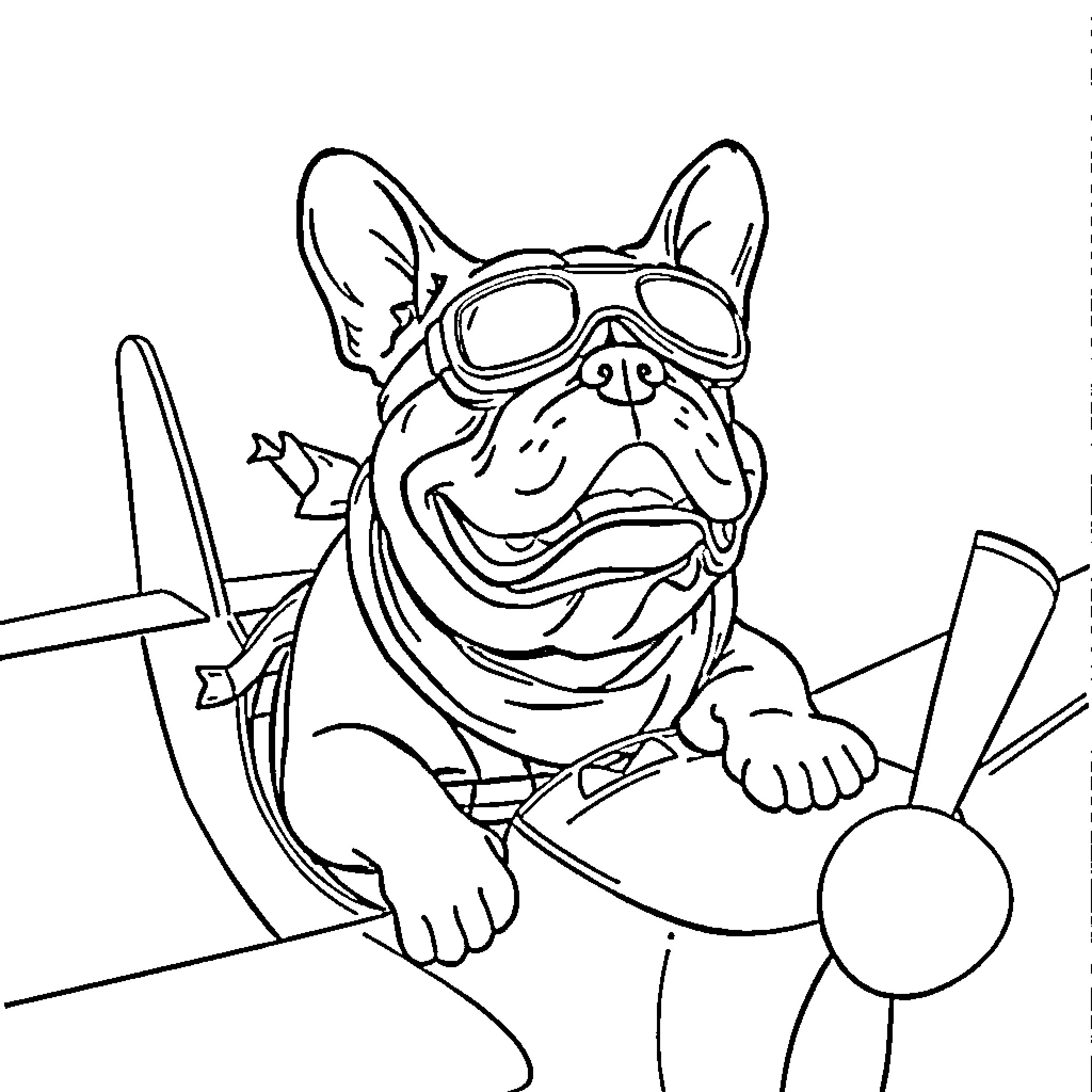 English Bulldog in aviator goggles and scarf Coloring Page (free black-and-white line drawing printable PDF for all, from beginners to advanced learners, including children, teens, adults, and seniors)