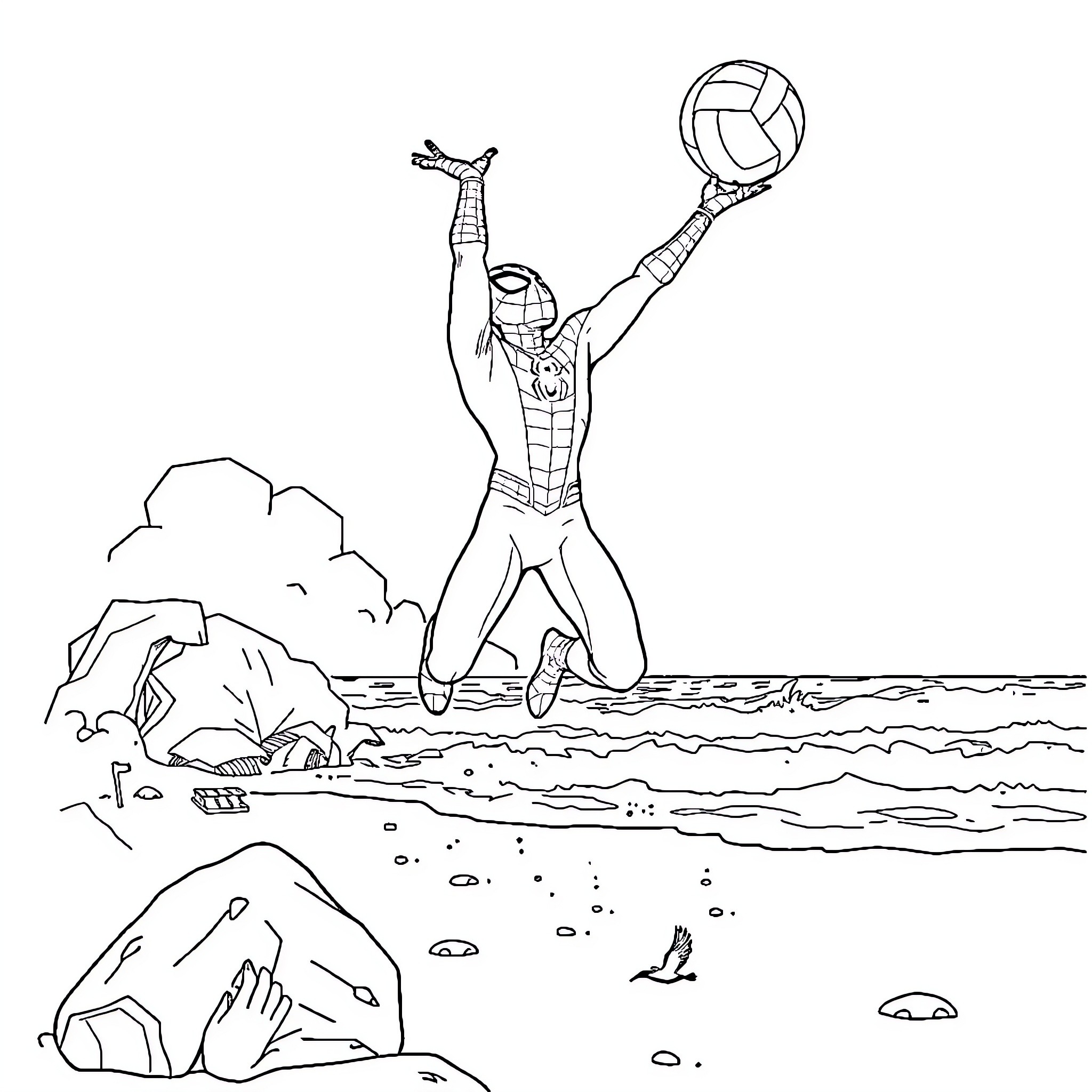 Spiderman swinging and jumping with volleyball in the beach Coloring Page (free black-and-white line drawing printable PDF for all, from beginners to advanced learners, including children, teens, adults, and seniors)