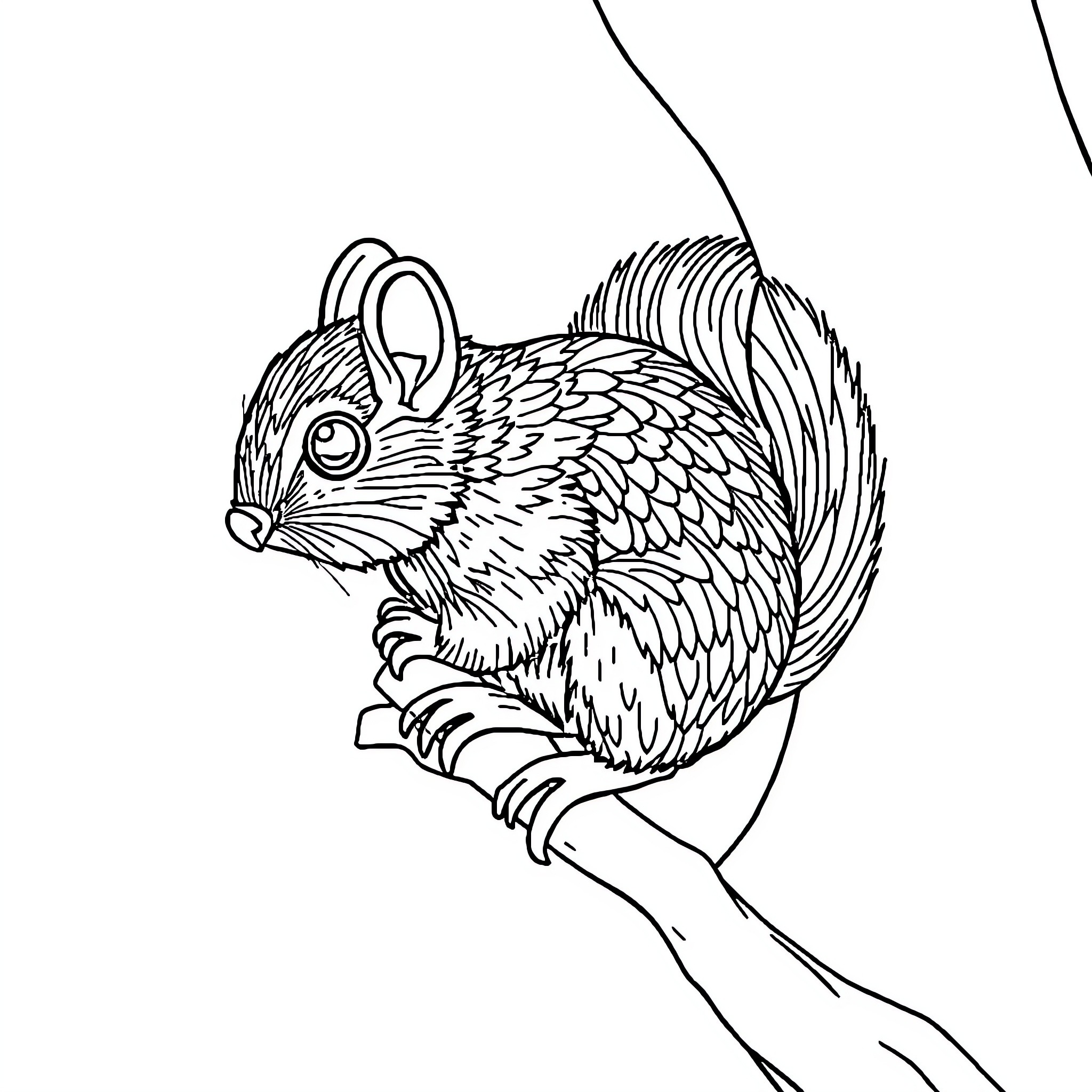 Squirrel climbing on branch Coloring Page (free black-and-white line drawing printable PDF for all, from beginners to advanced learners, including children, teens, adults, and seniors)