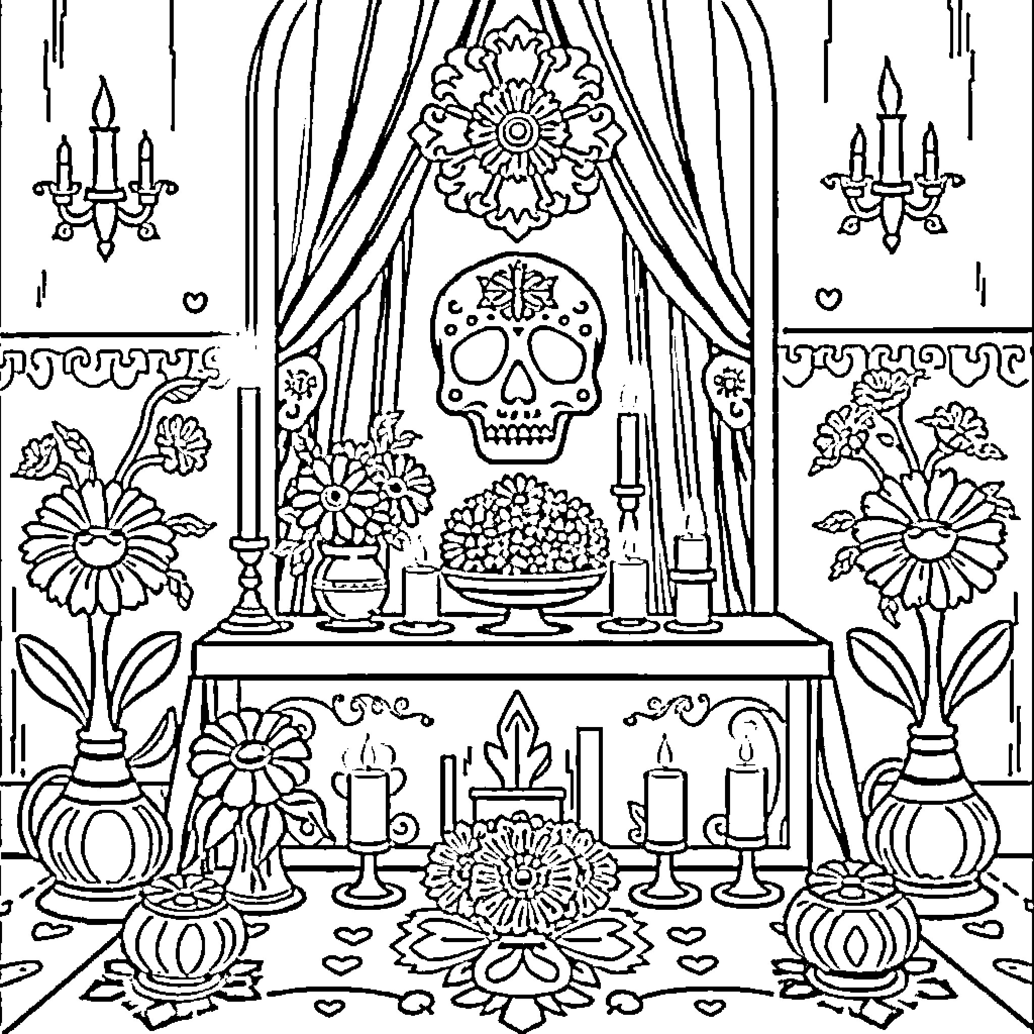 Altar of Ornate Florals and Skull Decor Coloring Page (free black-and-white line drawing printable PDF for all, from beginners to advanced learners, including children, teens, adults, and seniors)