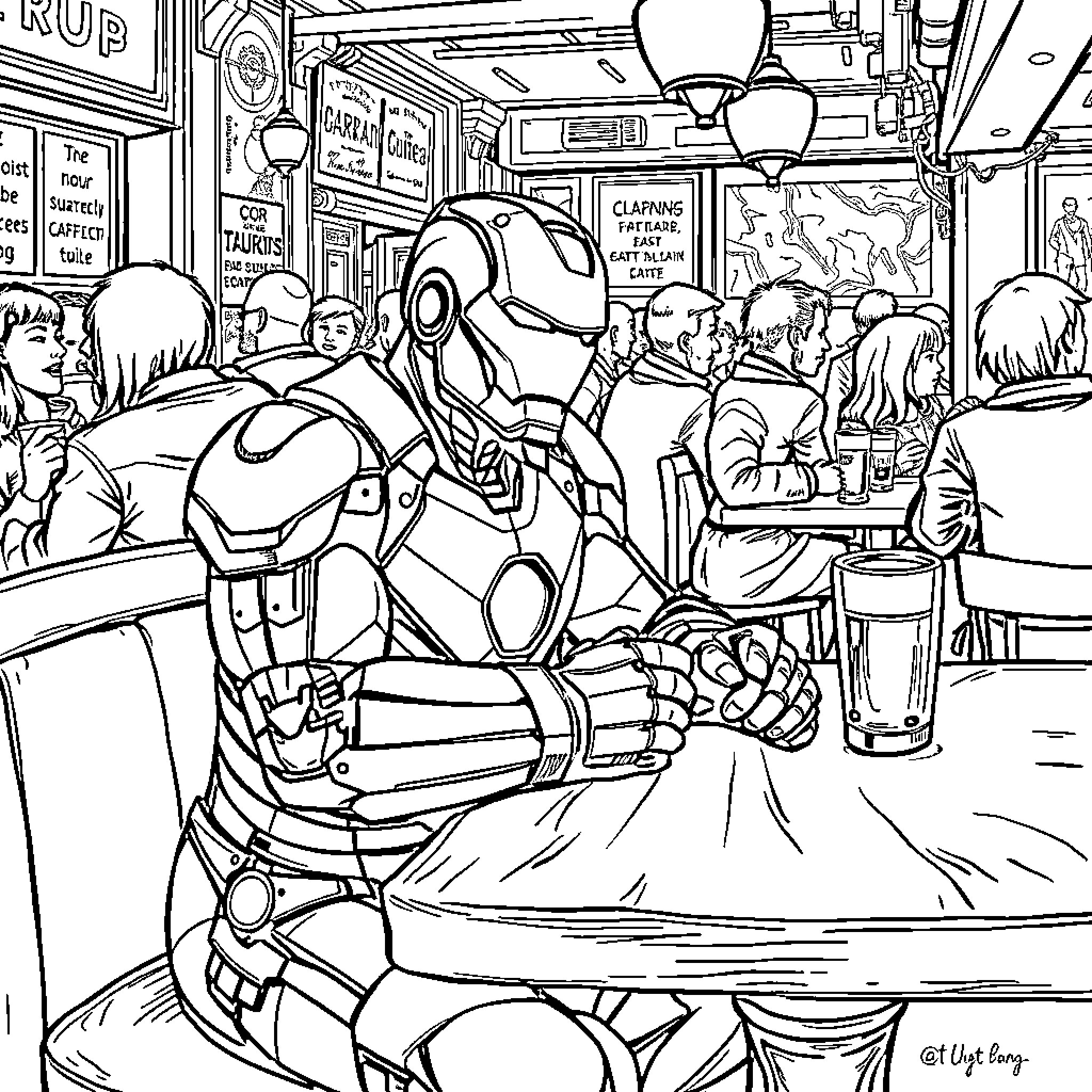 Iron Man in an urban diner scene Coloring Page (free black-and-white line drawing printable PDF for all, from beginners to advanced learners, including children, teens, adults, and seniors)