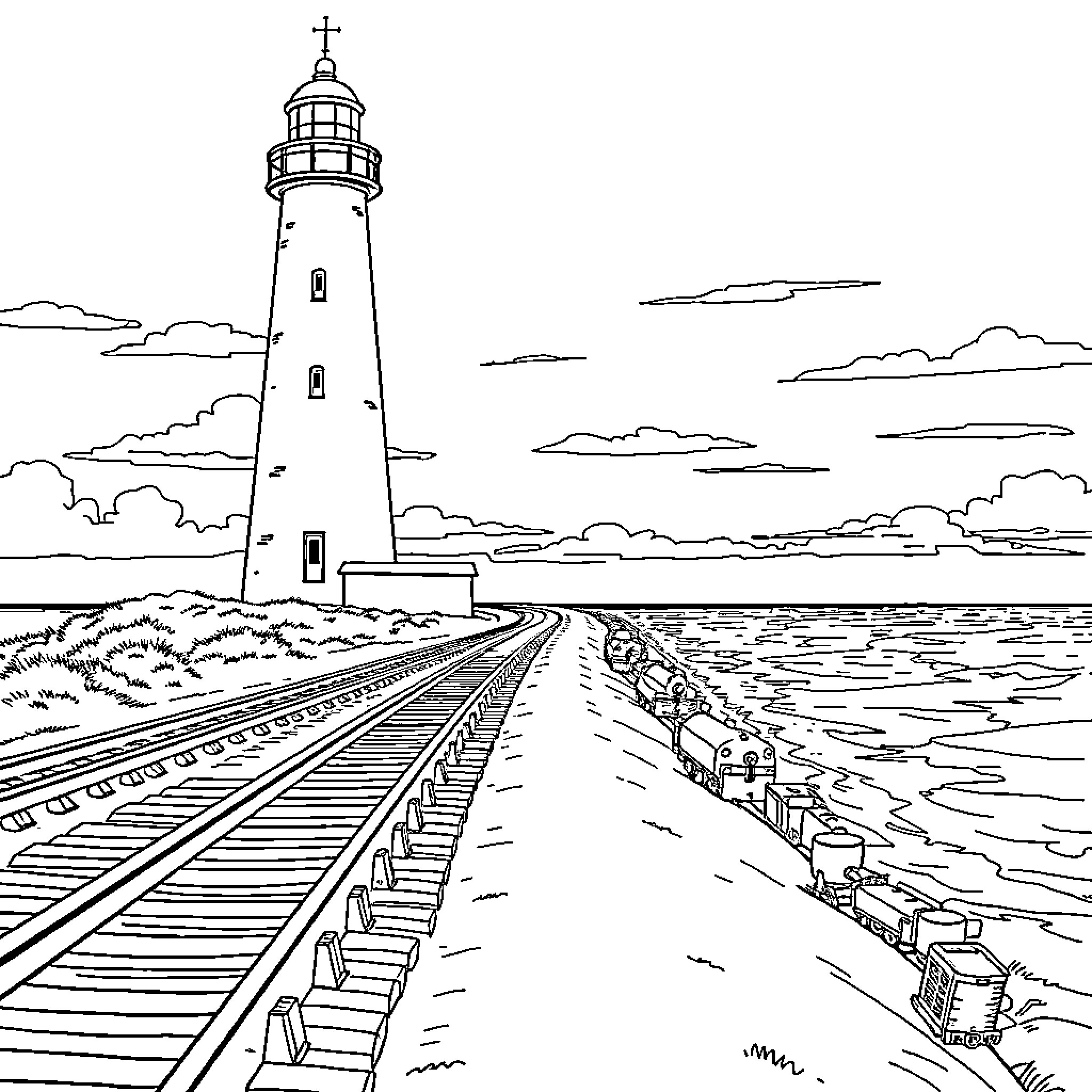 Train Approaching Lighthouse by the Shoreline Coloring Page (free black-and-white line drawing printable PDF for all, from beginners to advanced learners, including children, teens, adults, and seniors)