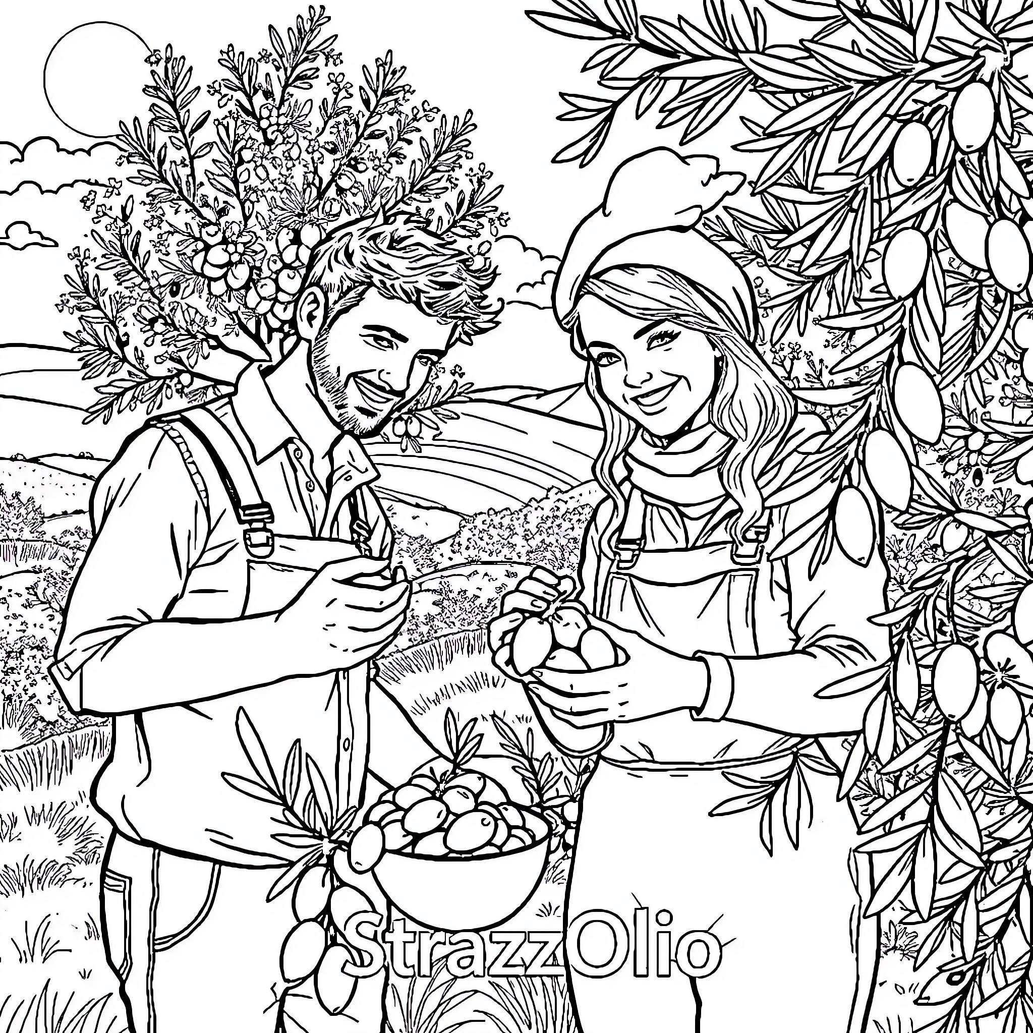 Farmer couple harvesting olives in the countryside Coloring Page (free black-and-white line drawing printable PDF for all, from beginners to advanced learners, including children, teens, adults, and seniors)