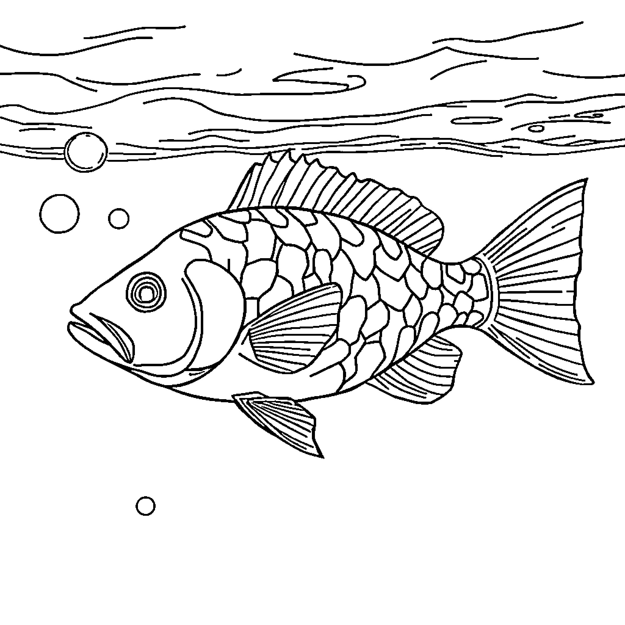 Fish swimming in underwater seascape Coloring Page (free black-and-white line drawing printable PDF for all, from beginners to advanced learners, including children, teens, adults, and seniors)