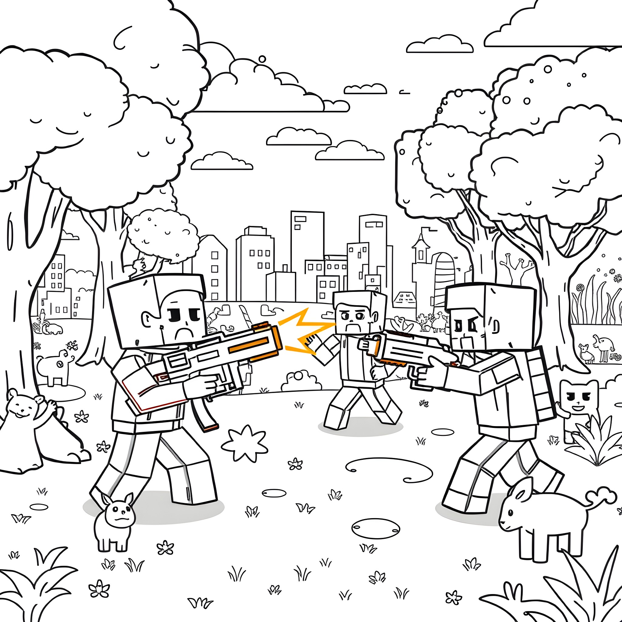 Minecraft Characters Exploring the Cityscape Coloring Page (free black-and-white line drawing printable PDF for all, from beginners to advanced learners, including children, teens, adults, and seniors)