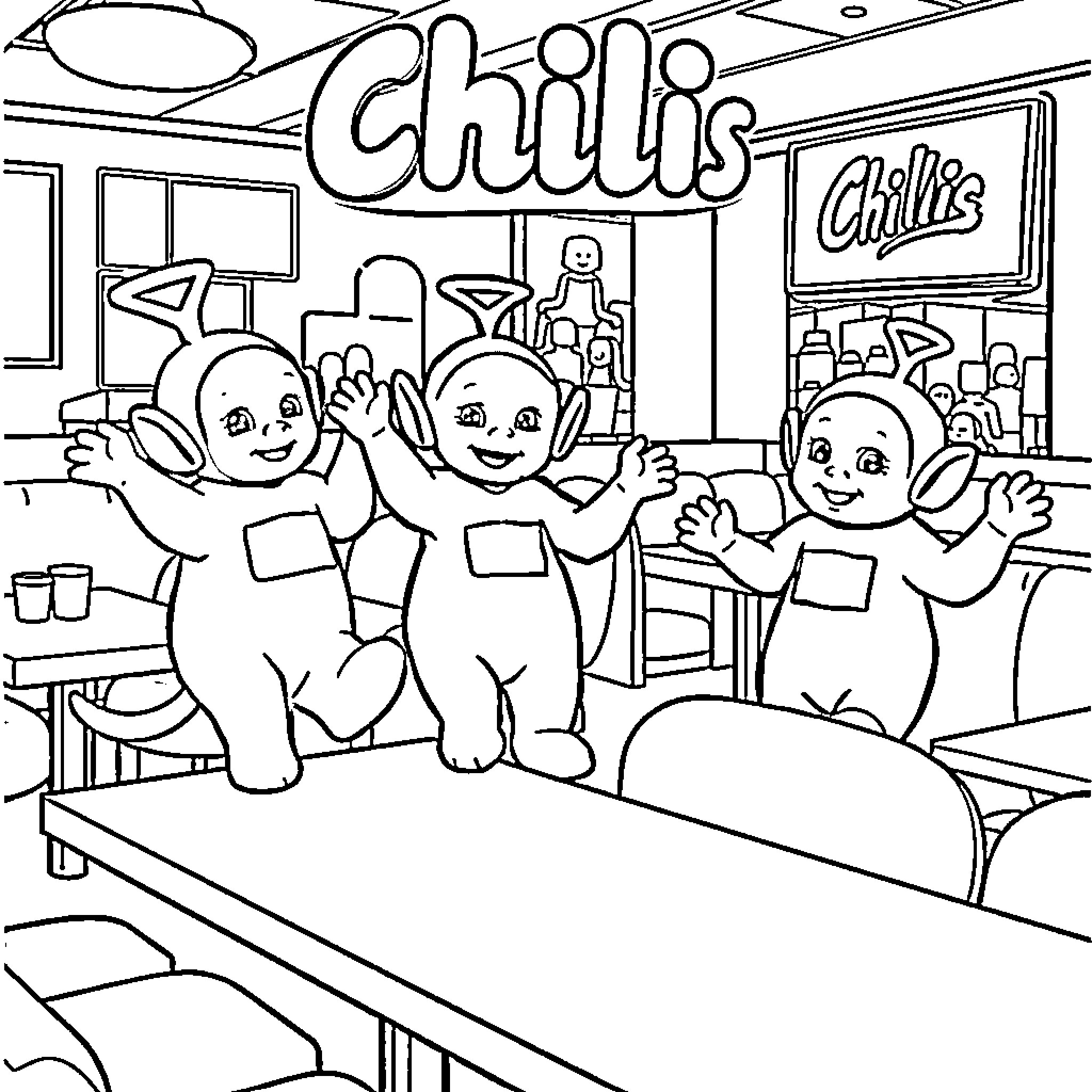 Teletubbies Happily Posing at Chili's Restaurant Coloring Page (free black-and-white line drawing printable PDF for all, from beginners to advanced learners, including children, teens, adults, and seniors)