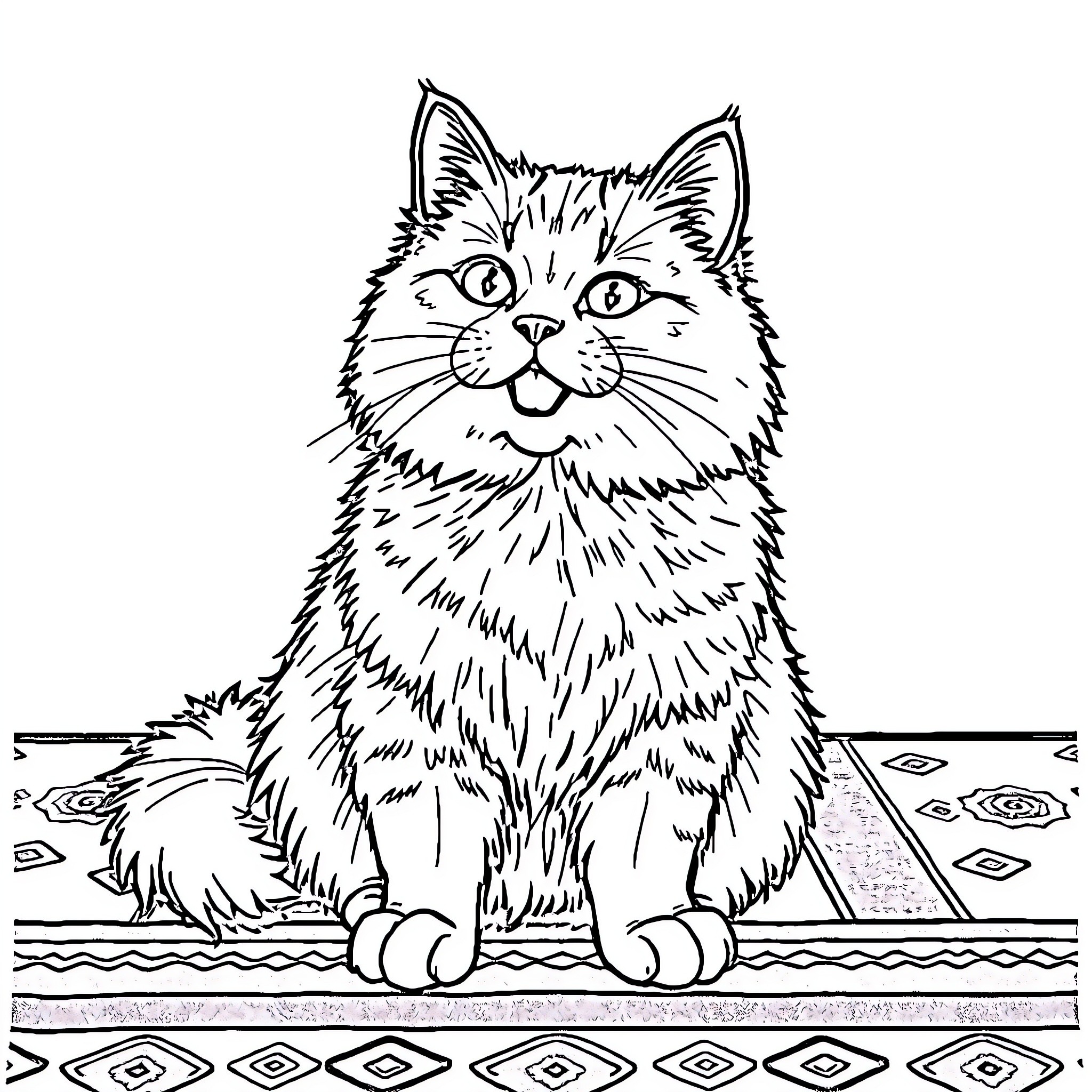 Cat sitting on patterned surface Coloring Page (free black-and-white line drawing printable PDF for all, from beginners to advanced learners, including children, teens, adults, and seniors)