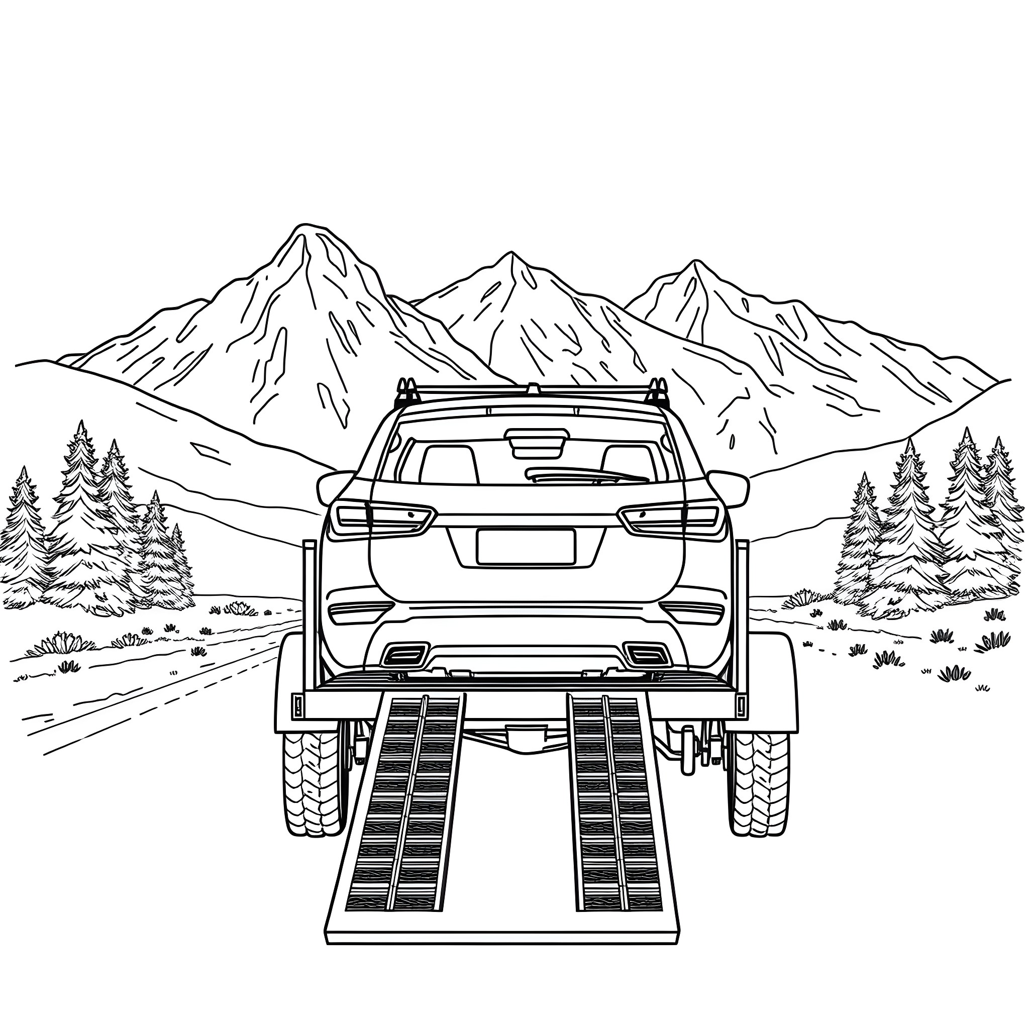 Car Trailer Transporting Rugged Vehicle in Mountain Landscape Coloring Page (free black-and-white line drawing printable PDF for all, from beginners to advanced learners, including children, teens, adults, and seniors)